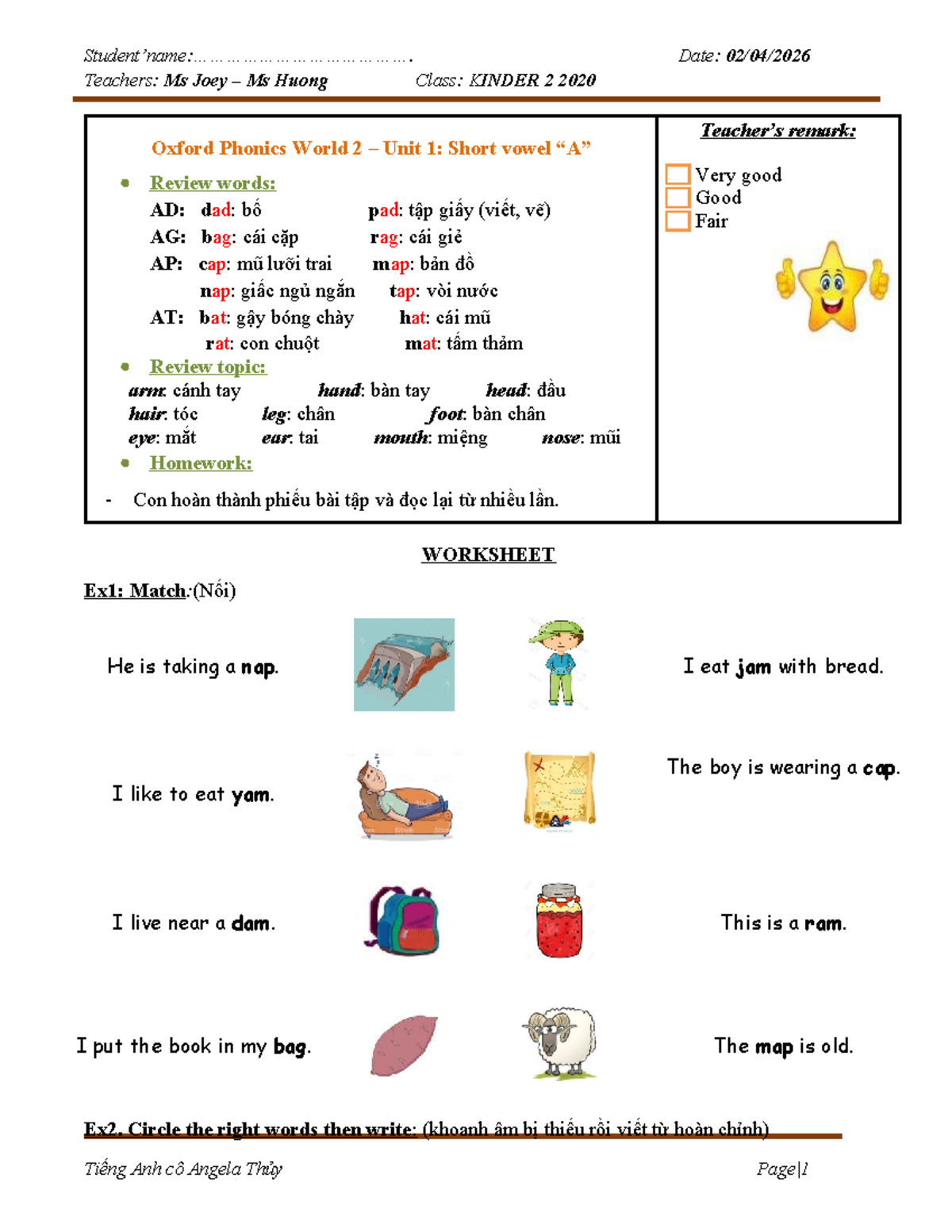 KINDER 2 2020: Oxford Phonics World 2 Unit 1 Review & Homework - Studocu