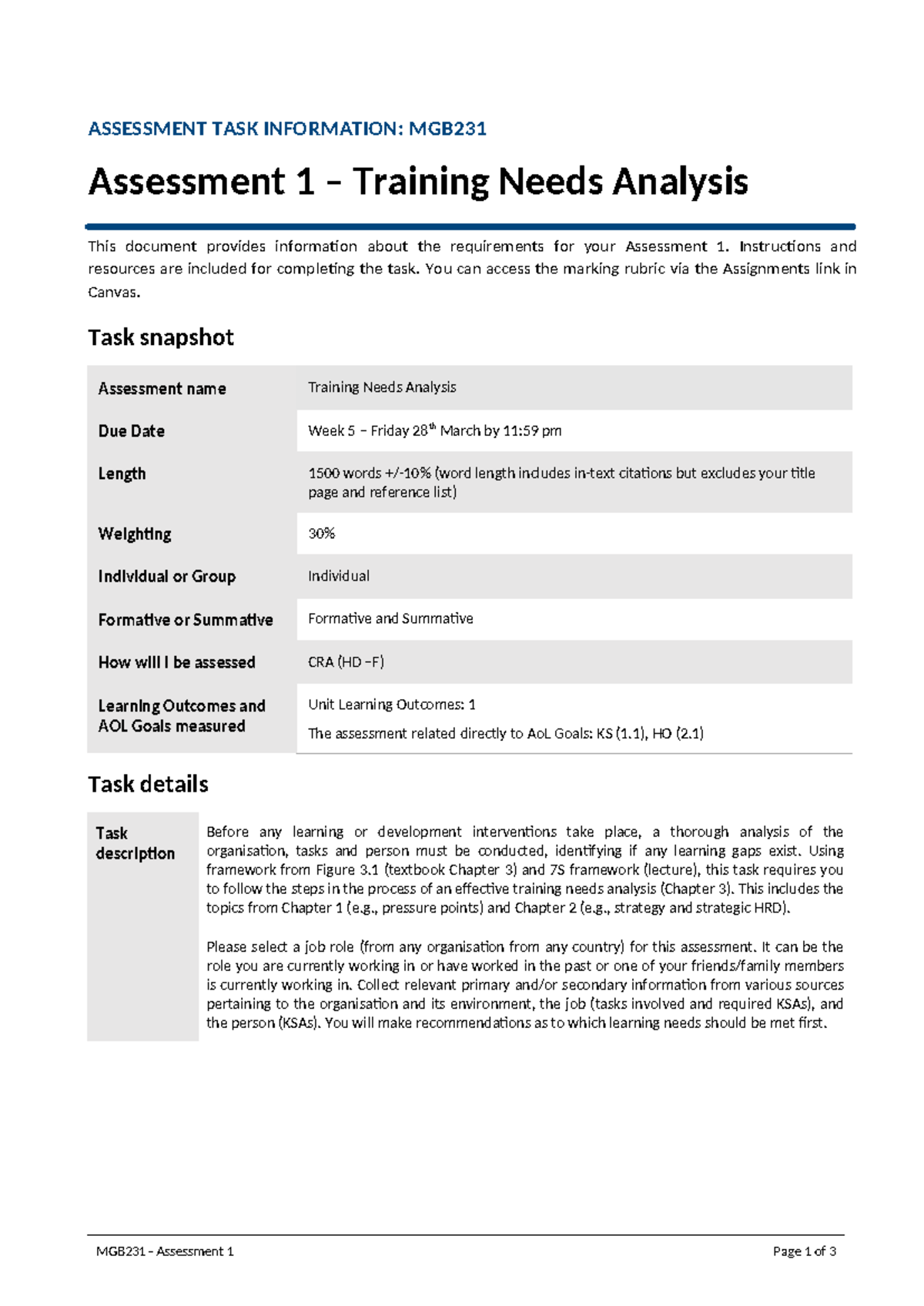 Assessment 1 Tasksheet - ASSESSMENT TASK INFORMATION: MGB Assessment 1 ...
