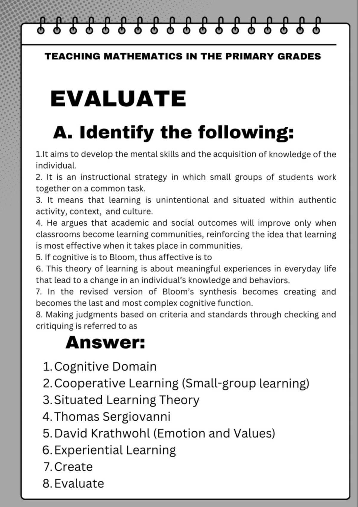 Evaluation of Teaching Math in Primary Grades - BEED 1 - Studocu