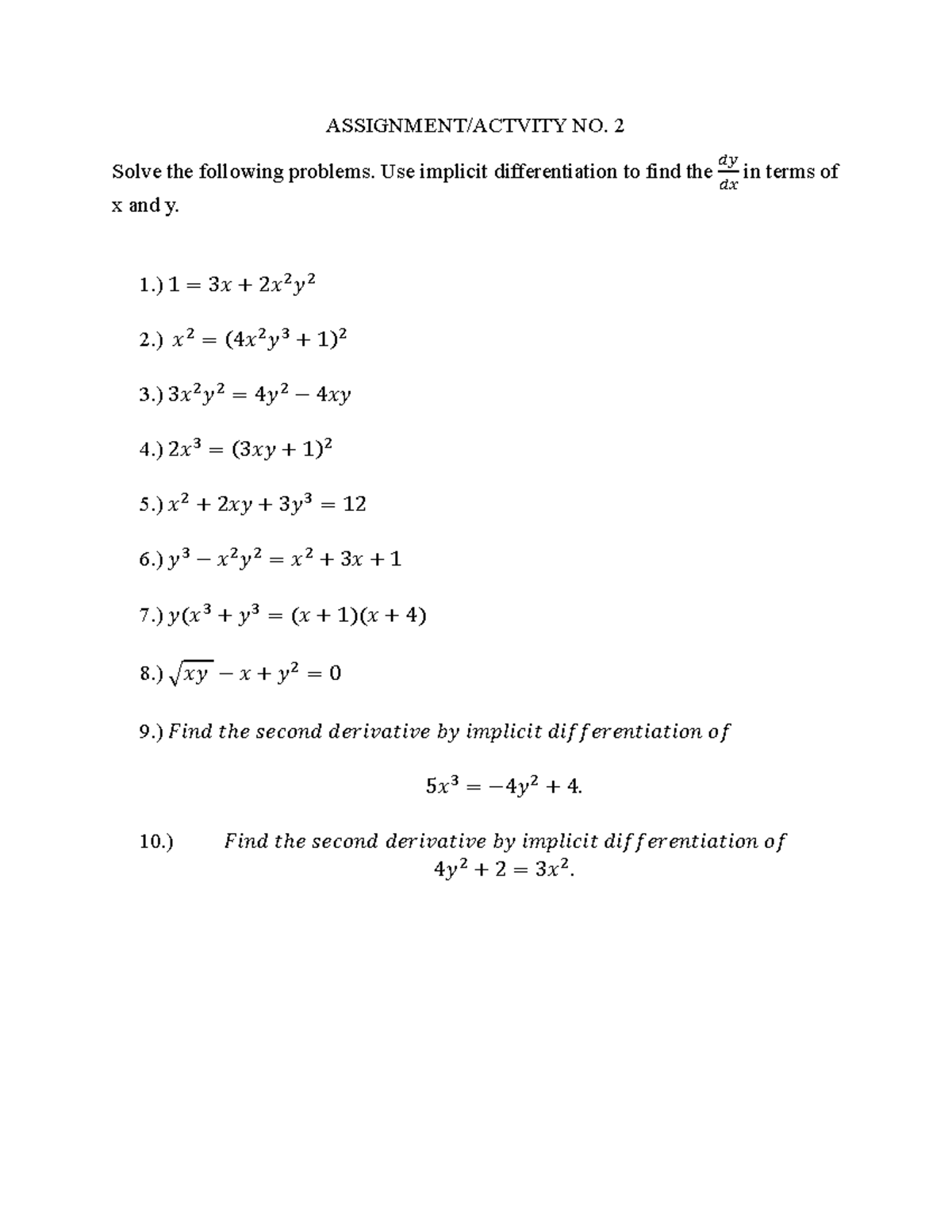 Calculus 1 Activity 2: Implicit Differentiation Problems - Studocu