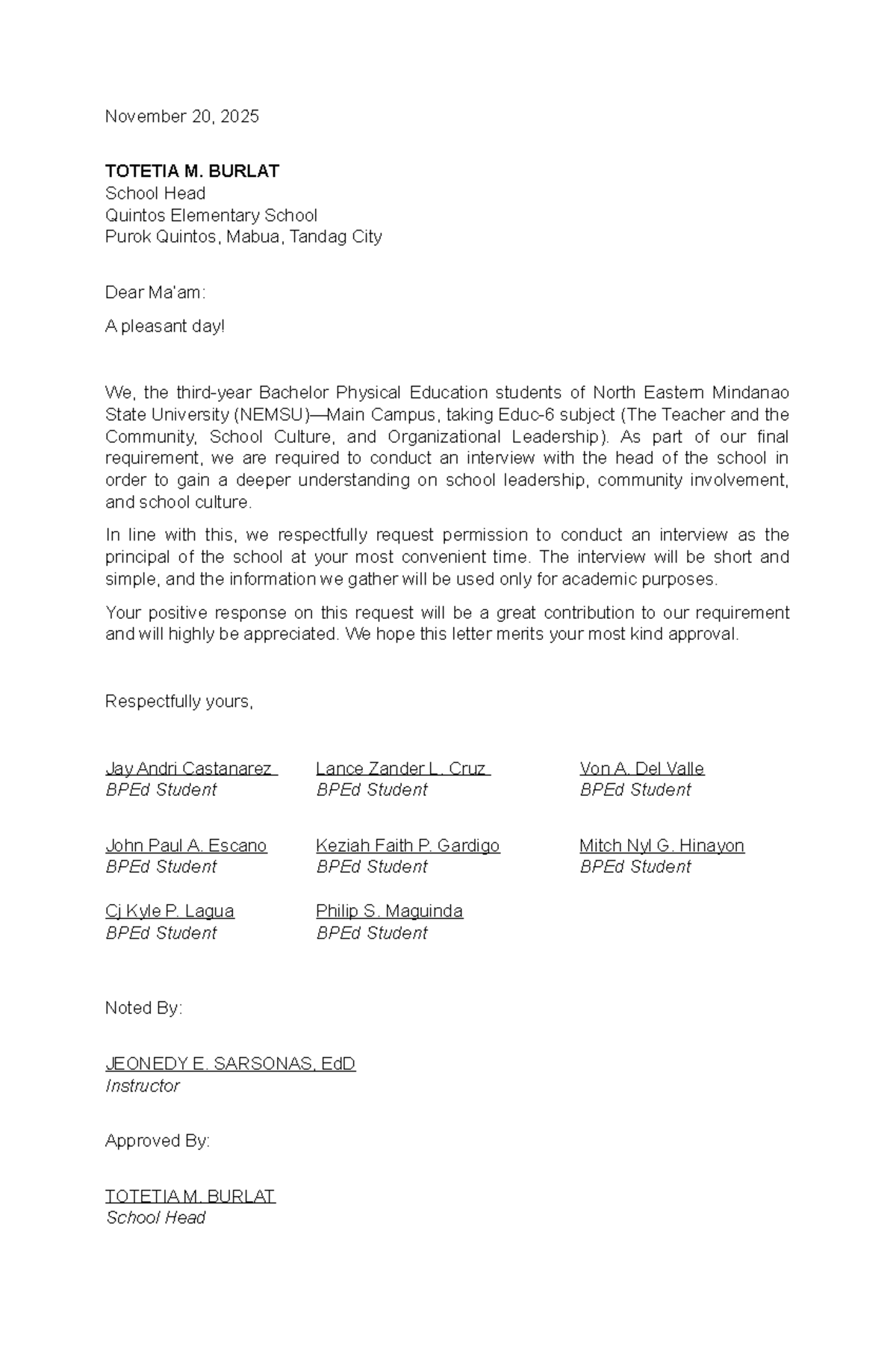 BPEd Final Requirement: Interview Request Letter for EDUC 6 - Studocu