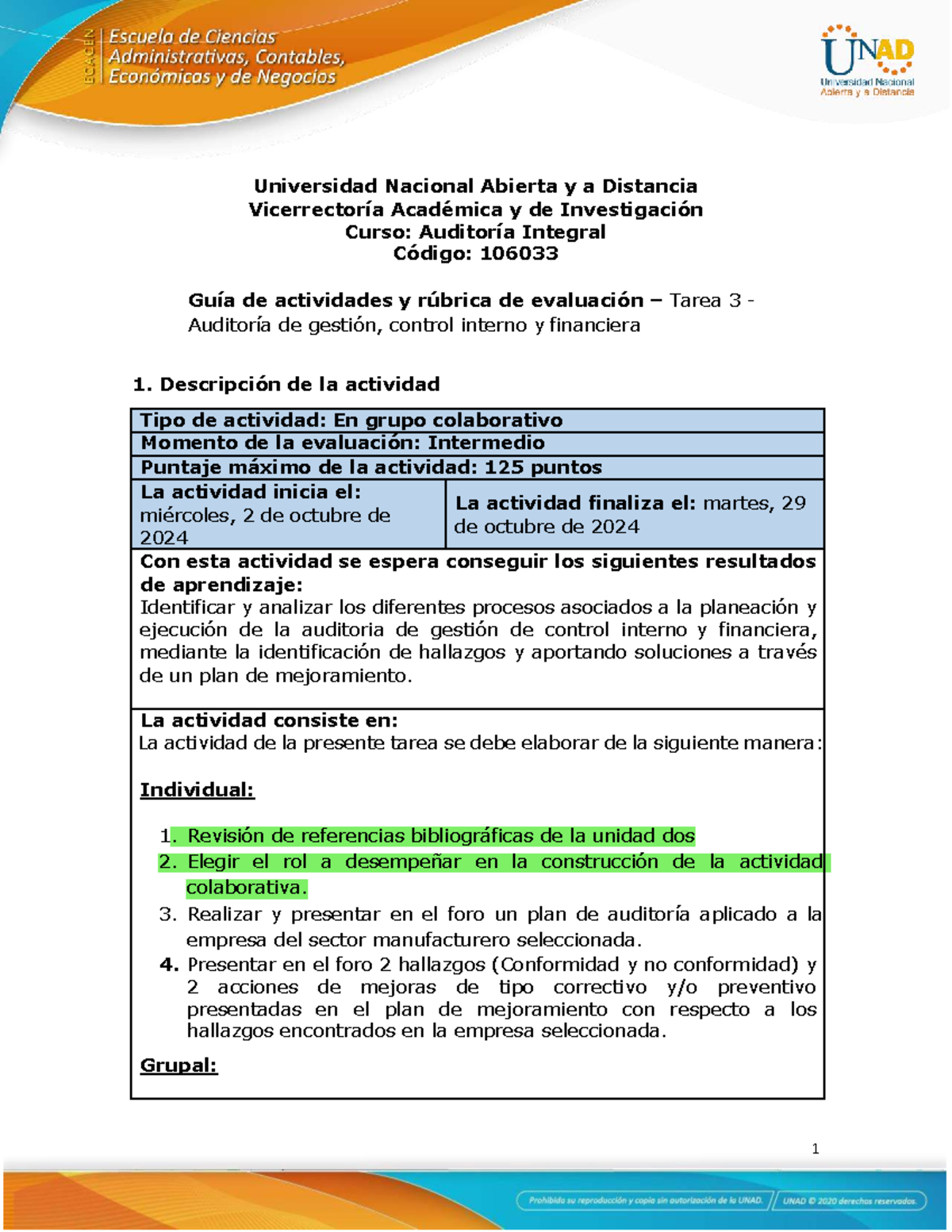 Tarea 3: Auditoría de Gestión y Control Interno - Código 106033 - Studocu