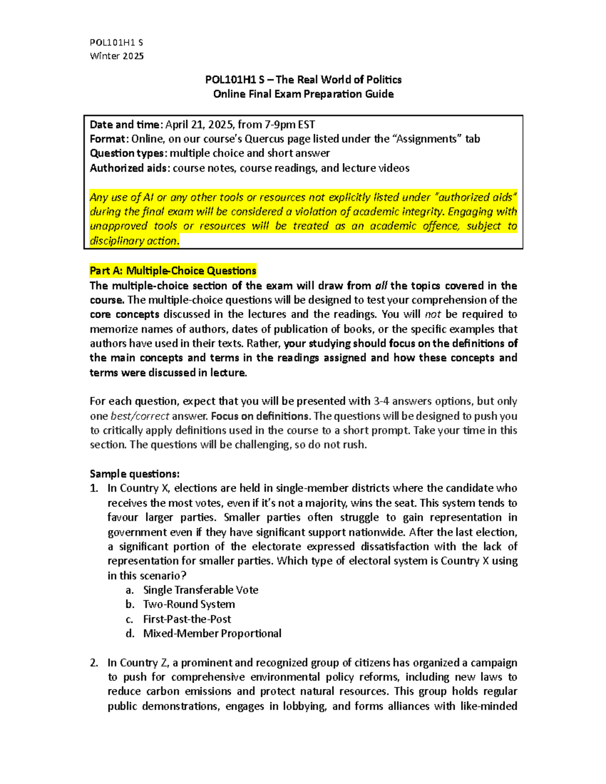 POL101H1 S Winter 2025 Final Exam Preparation Guide - Studocu
