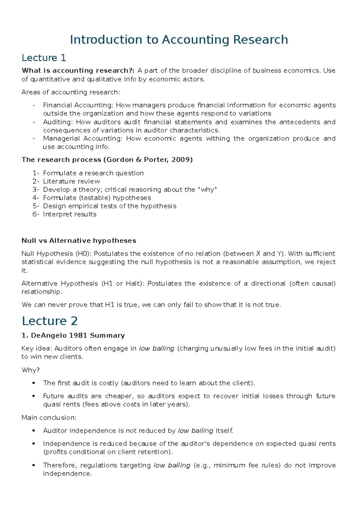 Introduction to Accounting Research Notes (Lectures 1-5) - Studeersnel