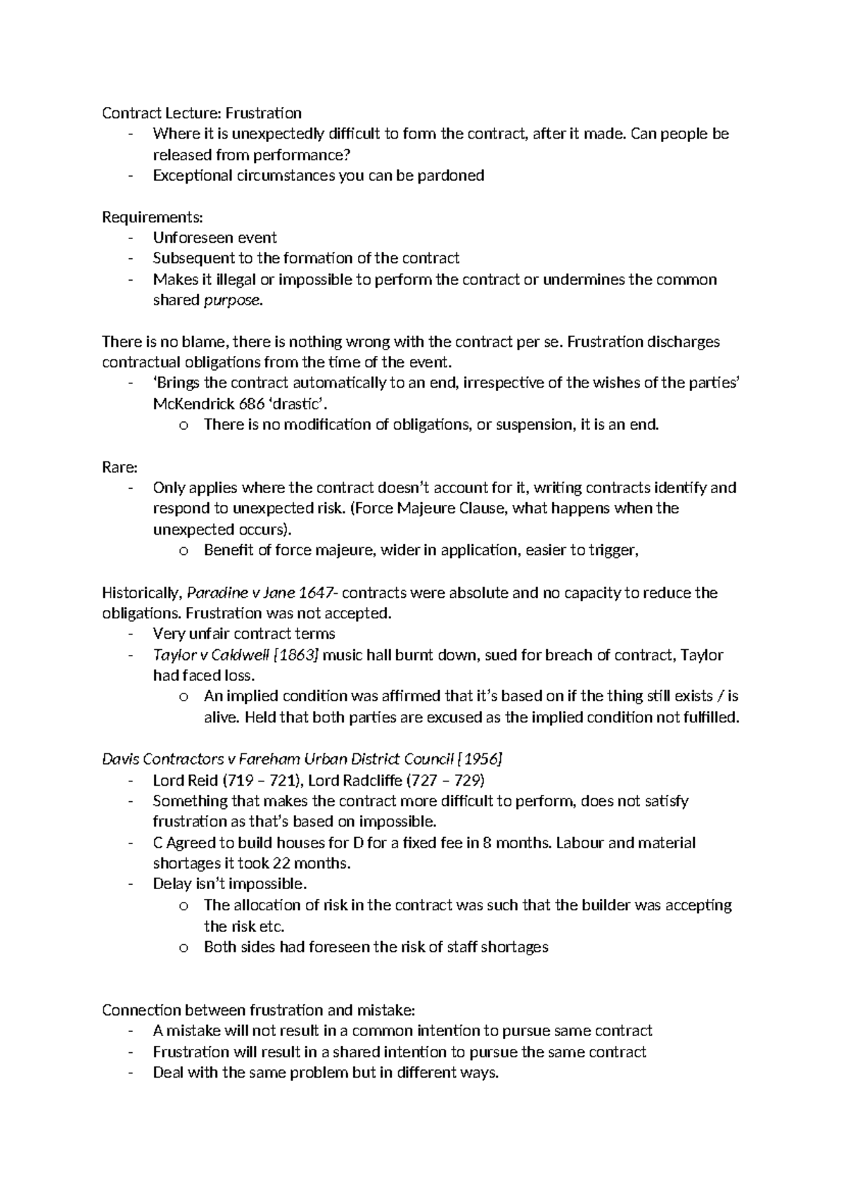 Lecture Notes on Contract Frustration (LAW 101) - Studocu
