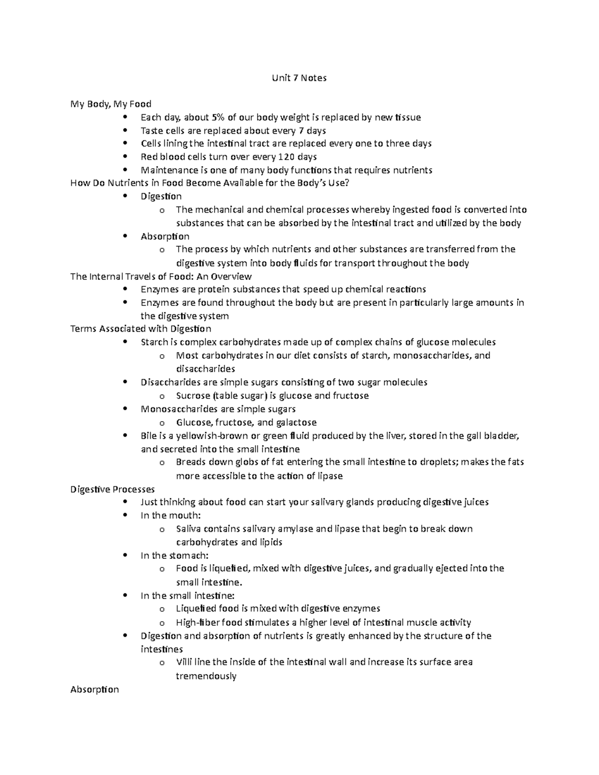 Unit 7 Final Exam Notes - Understanding My Body and Nutrition - Studocu