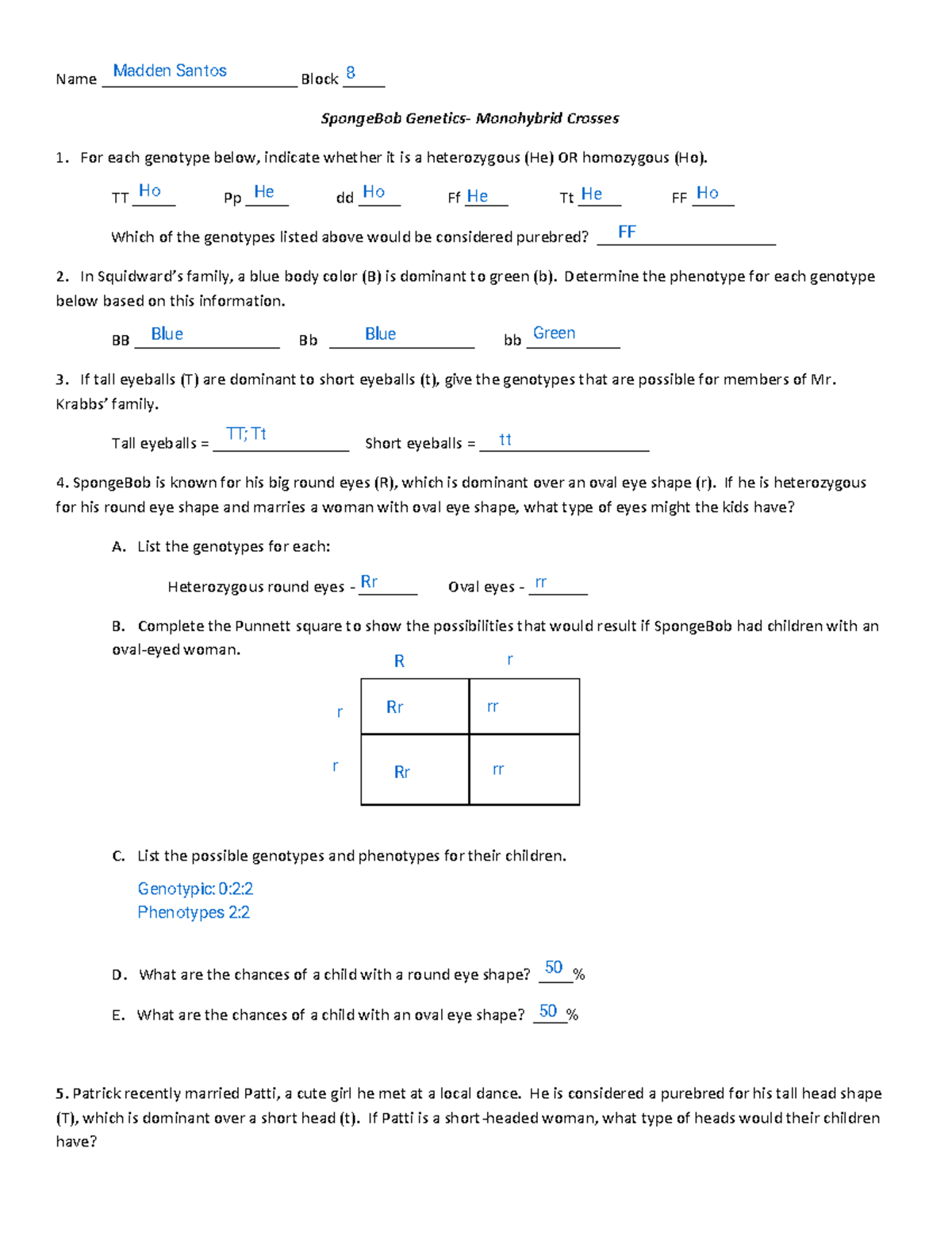 Sponge Bob+Genetics+-+Monohybrid+Crosses - Name ...