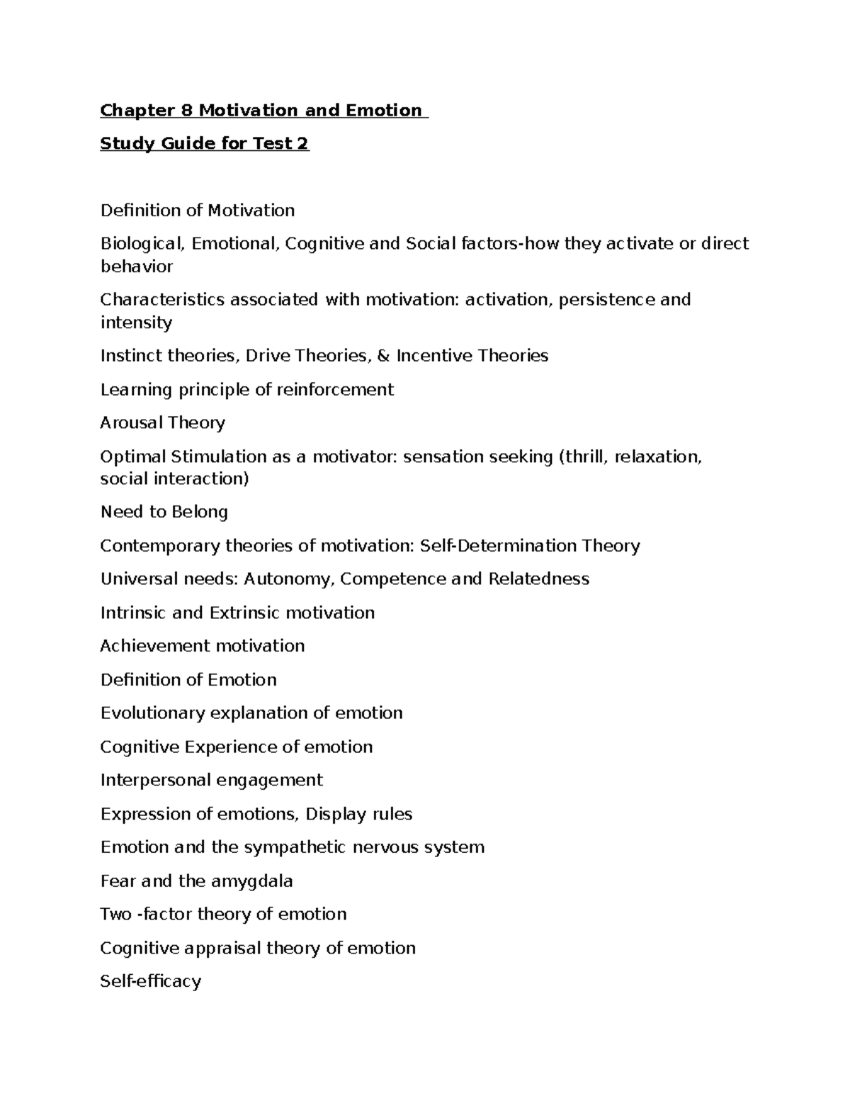 Study Guide for Test 2: Chapter 8 - Motivation & Emotion - Studocu