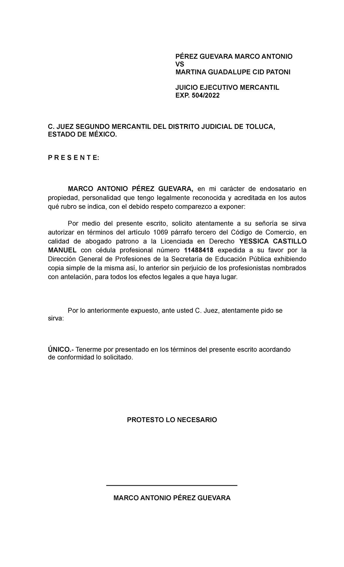 Escrito de Autorización Mercantil - Juicio Ejecutivo Toluca - Studocu