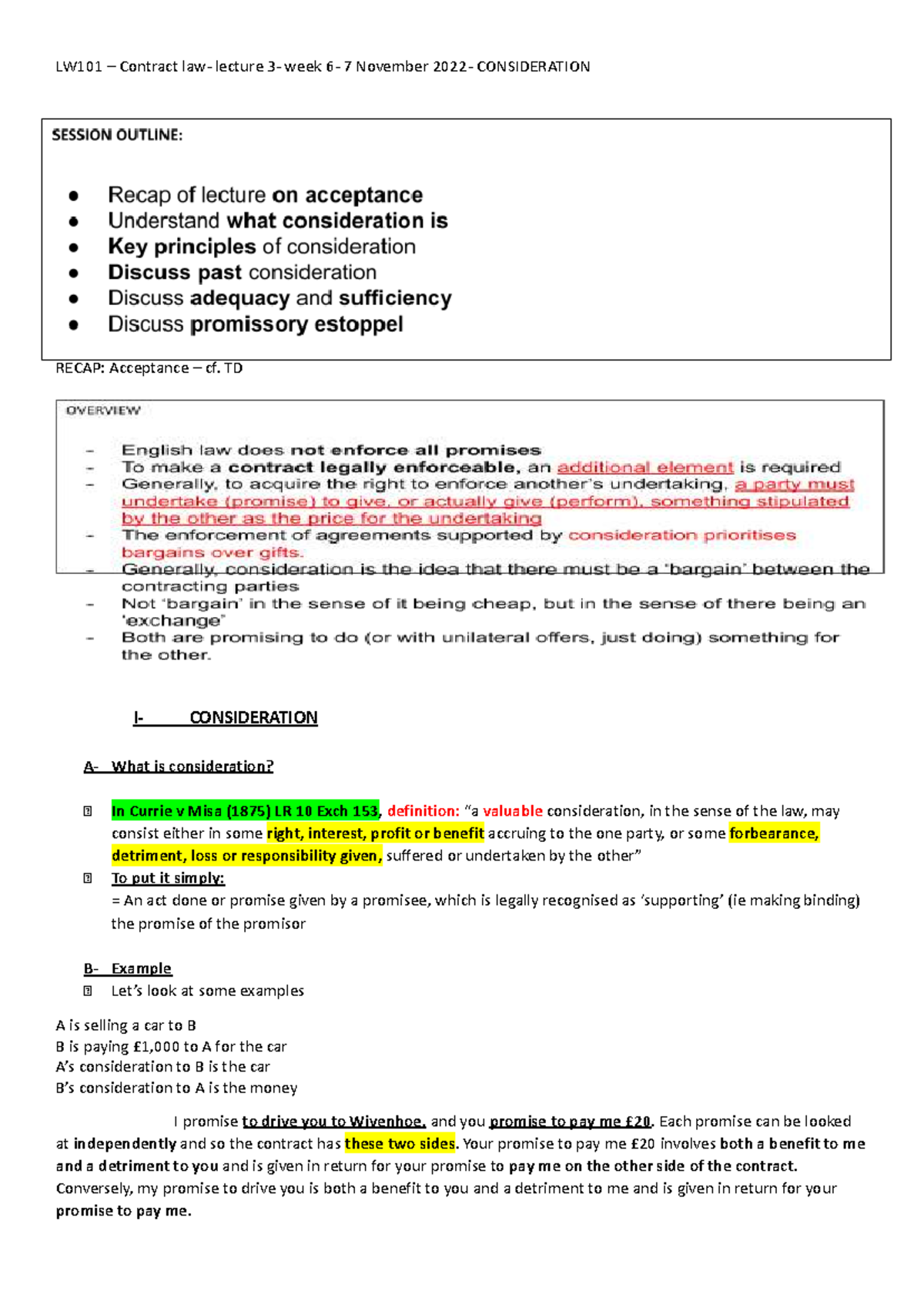 LW101 Contract Lecture Week 7 Recap: Understanding Consideration - Studocu