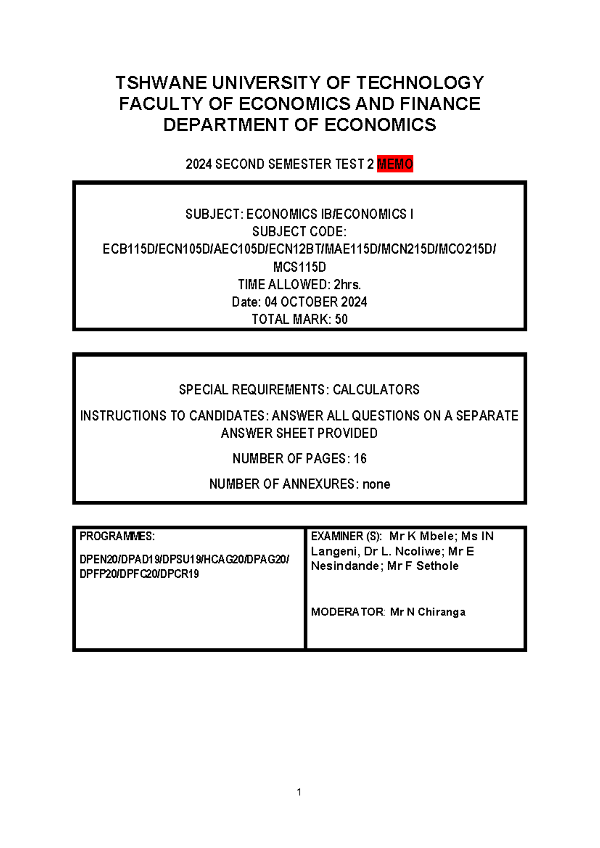ECB115D Second Semester Test 2 Memo 2024 - Studocu