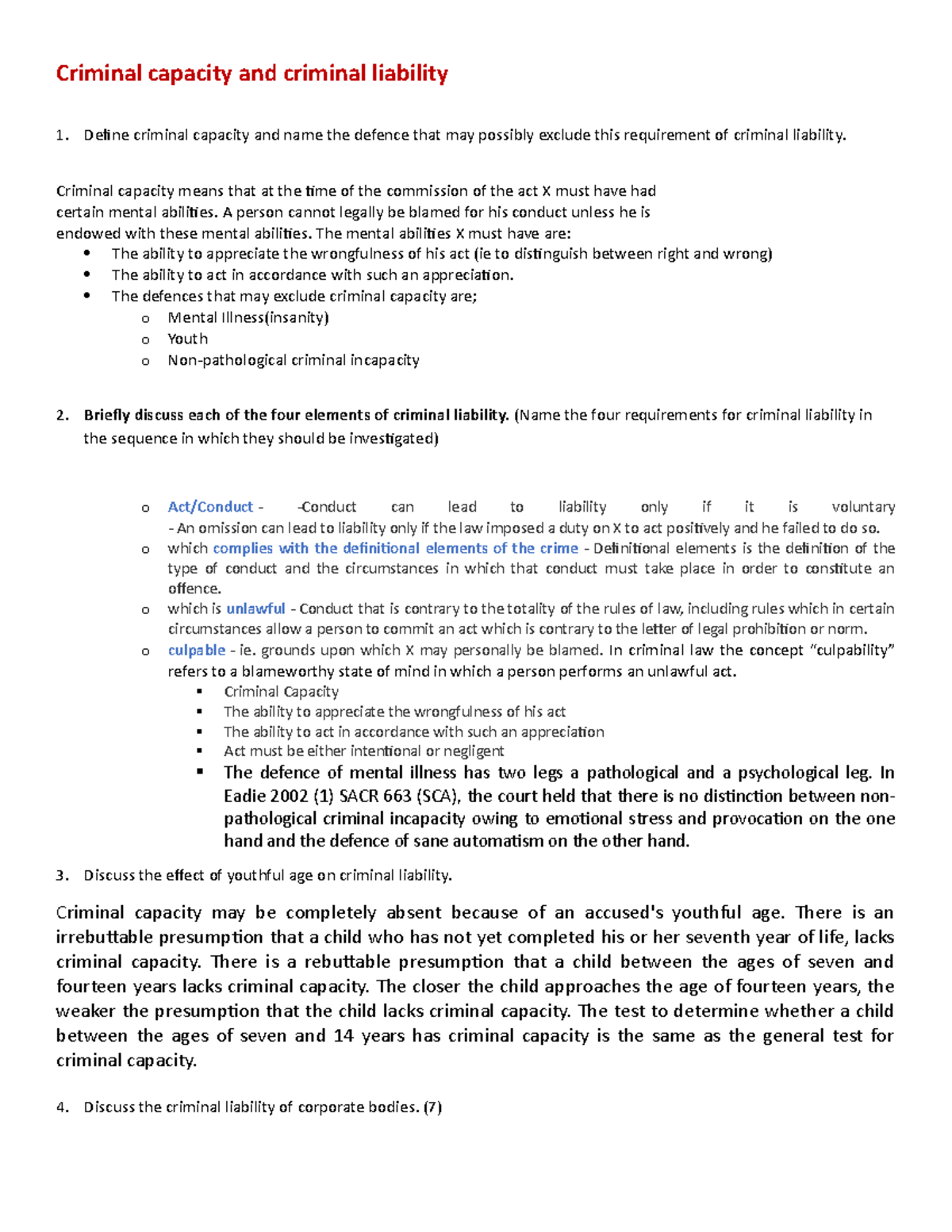 CRW EXAM Prep - Key Questions on Criminal Liability and Capacity - Studocu