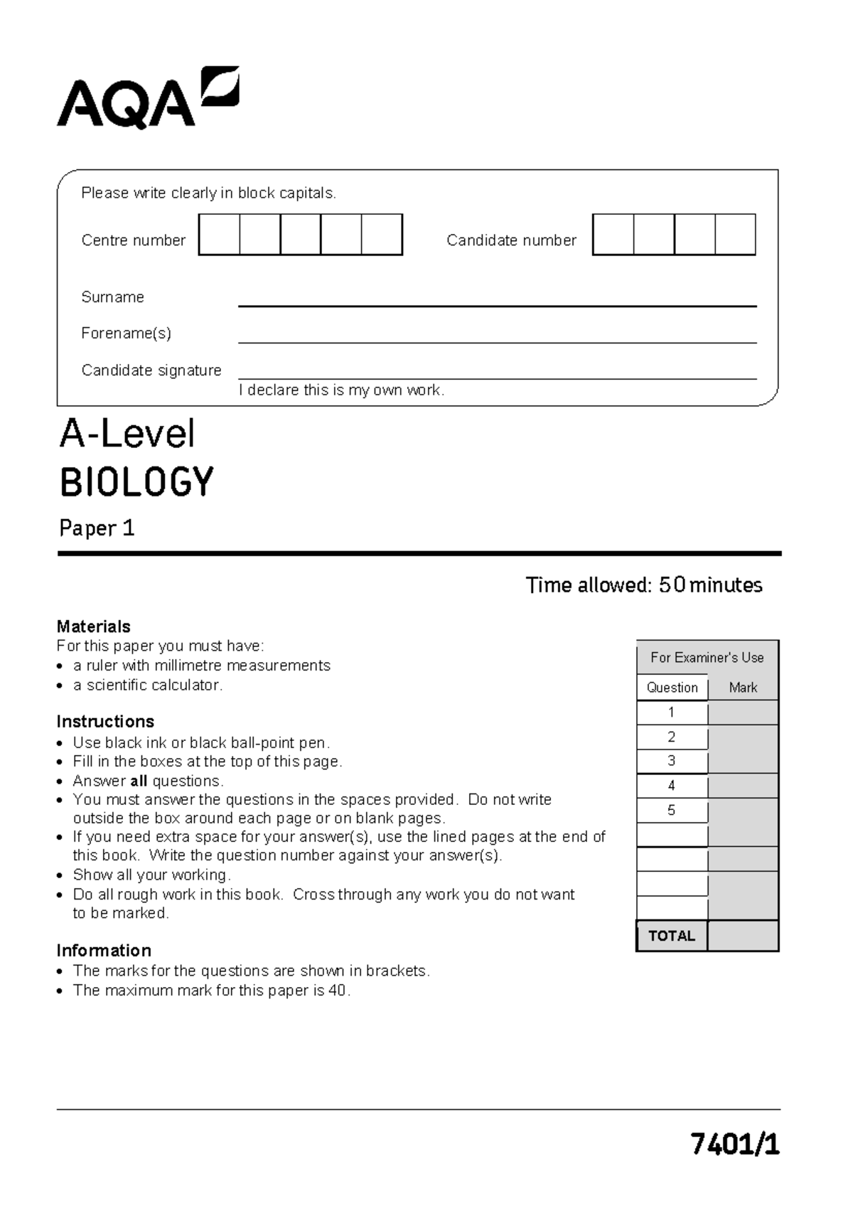 7401-1-QP-Biology-AS PPE 2024 - A-Level Biology Exam Paper - Studocu