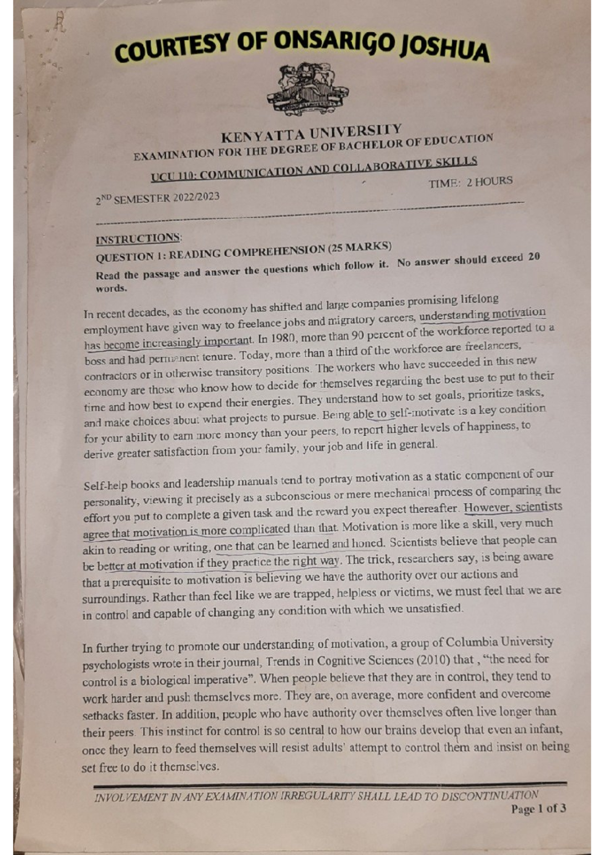 UCU 110 P. Papers Courtesy OF Onsarigo Joshua - critical thinking - Studocu