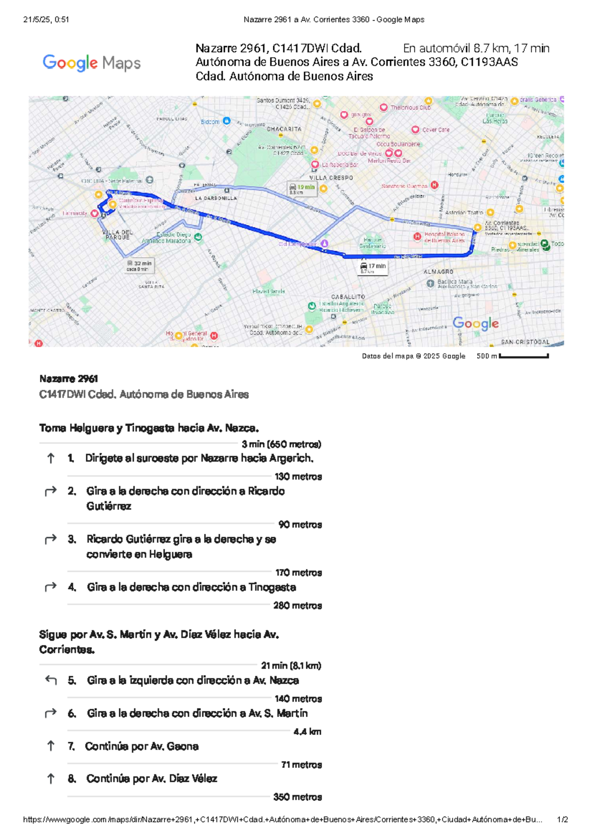 Nazarre 2961 a Av. Corrientes 3360 - Instrucciones de Ruta - Studocu
