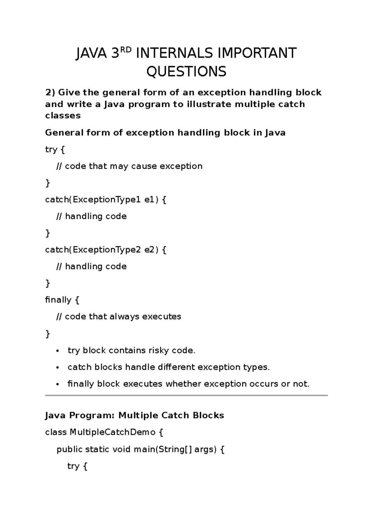 JAVA 3RD INTERNALS: Important Questions on Exception Handling and ...
