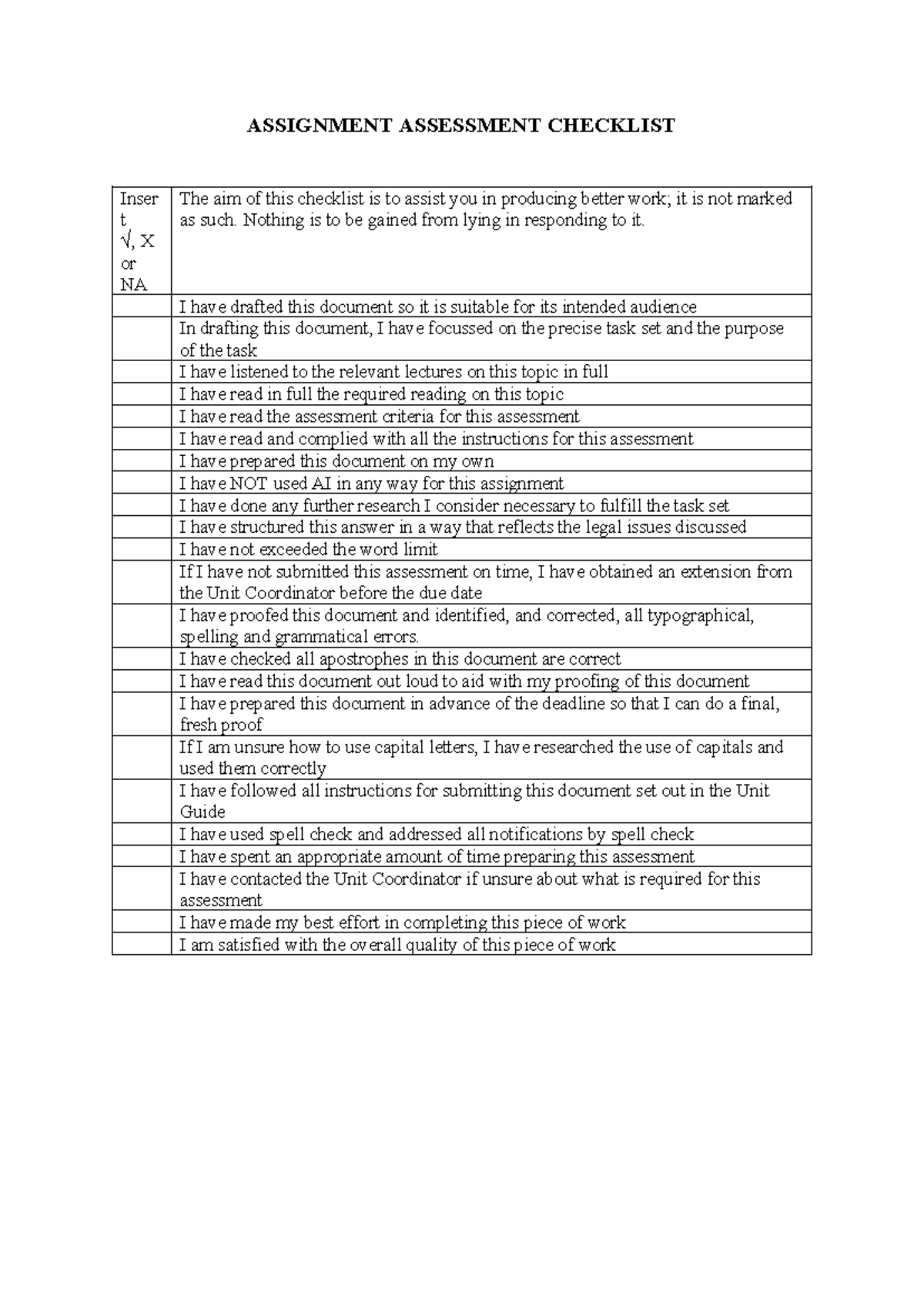 Assignment Assessment Checklist 2024 - ASSIGNMENT ASSESSMENT CHECKLIST ...