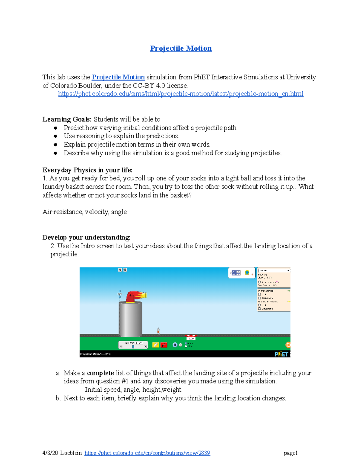 PHET Projectile Motion Introduction Lab - Projectile Motion This lab ...