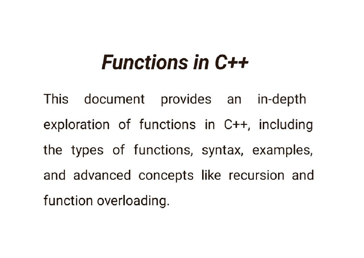 Function in c++ - - Studocu
