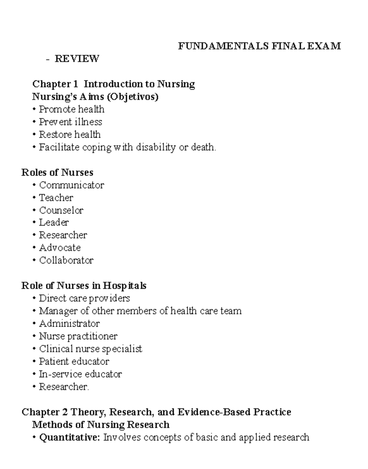 NUR 101 Fundamentals Final Exam Study Guide & Review Notes - Studocu