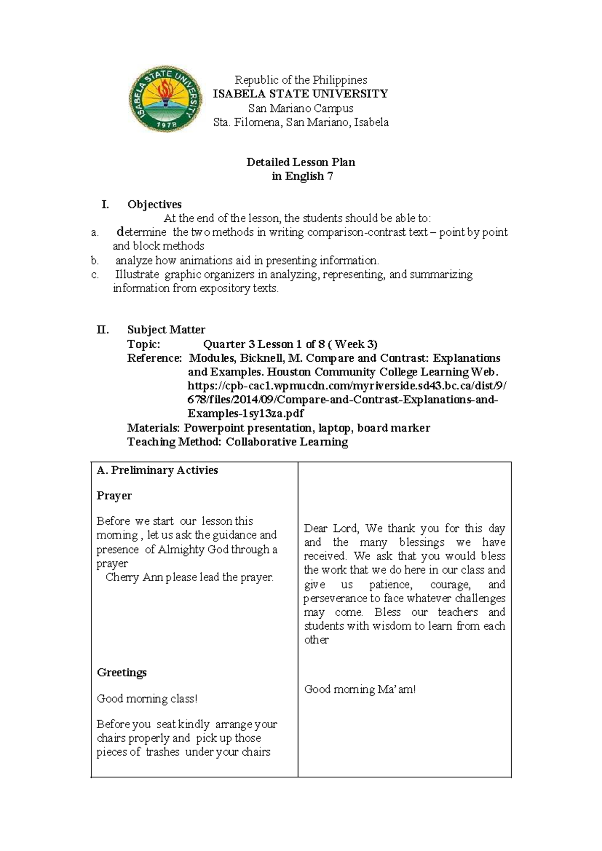 Detailed Lesson Plan in English 7: Comparison and Contrast Methods ...