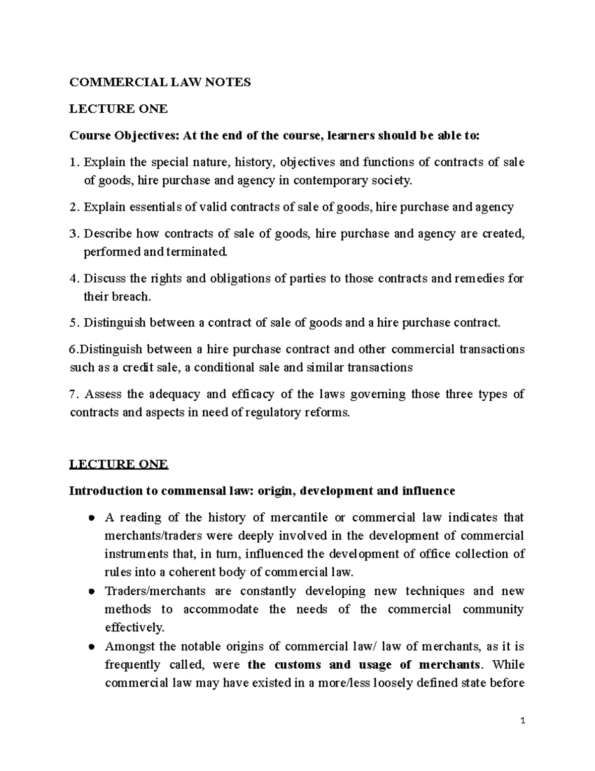 COMMERCIAL LAW NOTES LECTURE ONE: Introduction & Course Objectives ...