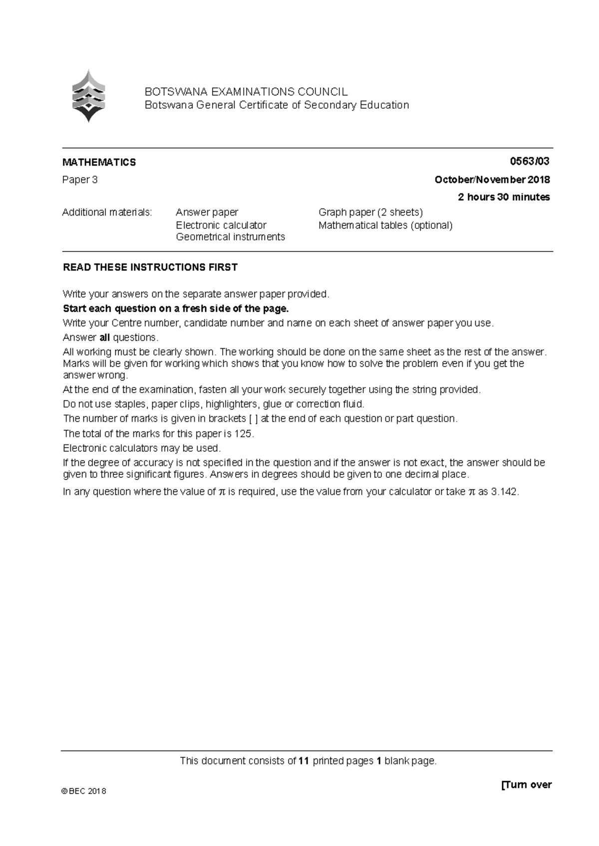 MATH paper 3-2018 - READ THESE INSTRUCTIONS FIRST Write your answers on ...