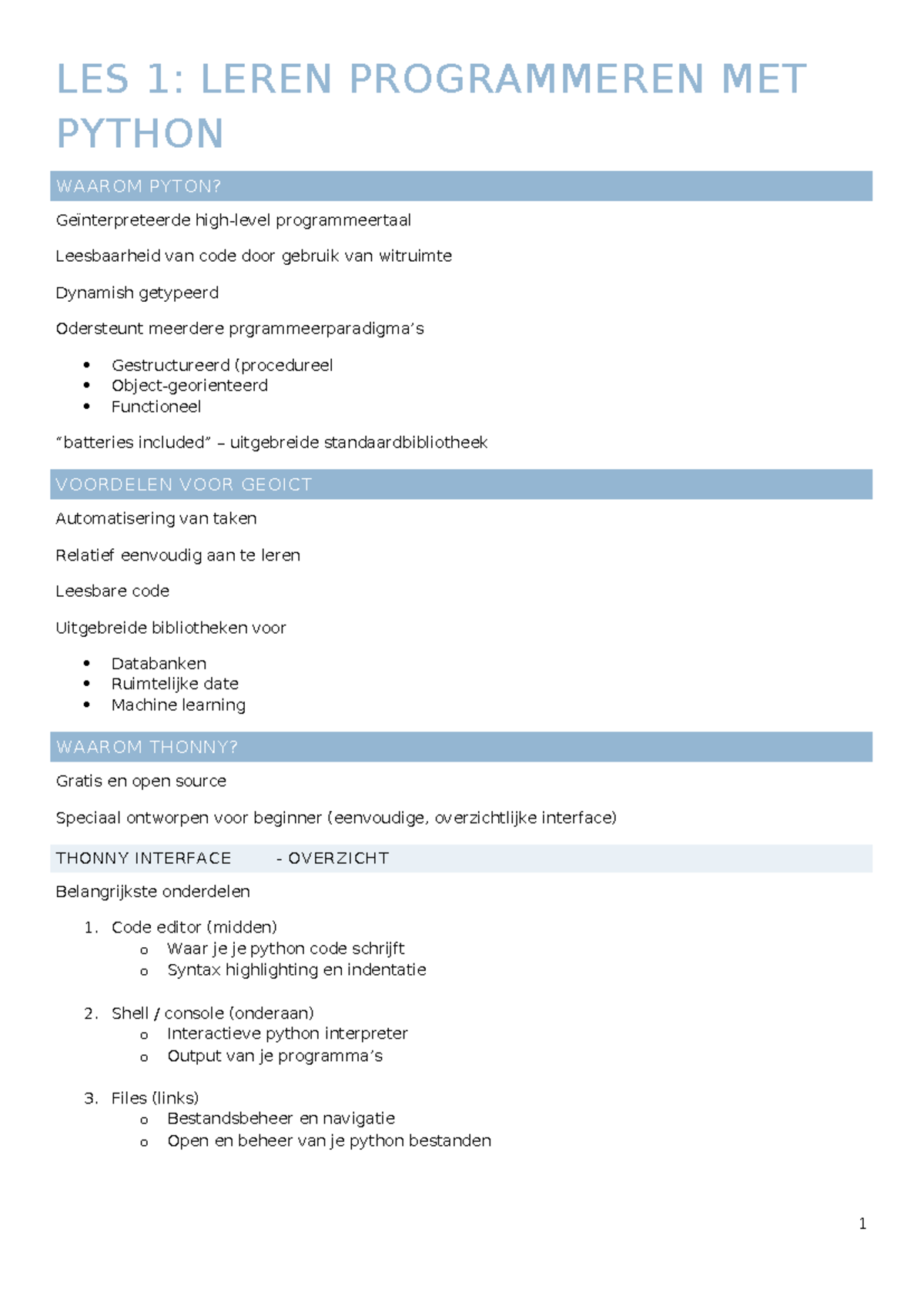 LES 1: LEREN PROGRAMMEREN MET PYTHON - INLEIDING EN BASISCONCEPTEN ...