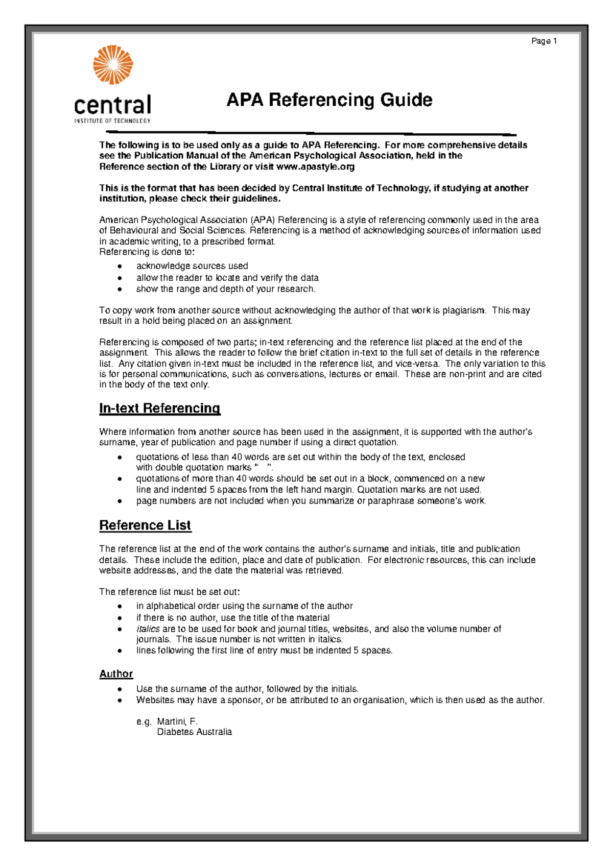 APA-Ref-Guide - apa style - APA Referencing Guide The following is to ...
