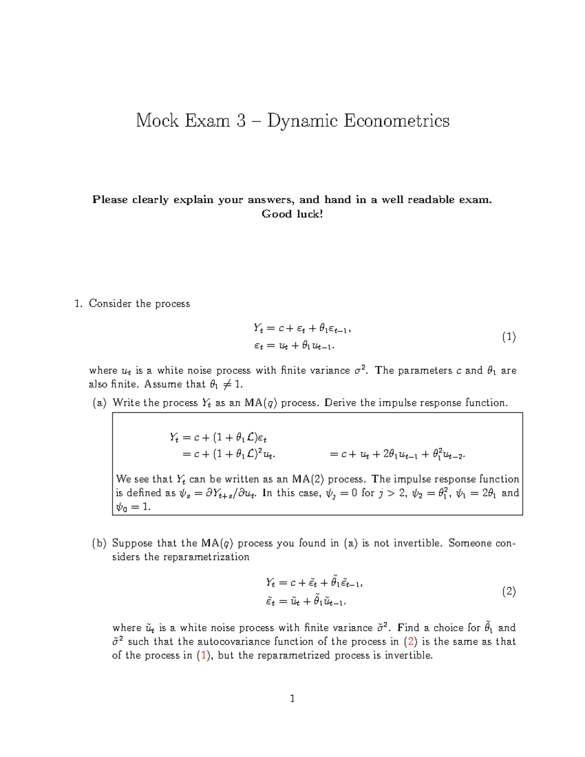 Mock Exam 3: Dynamic Econometrics Solutions and Analysis - Studeersnel