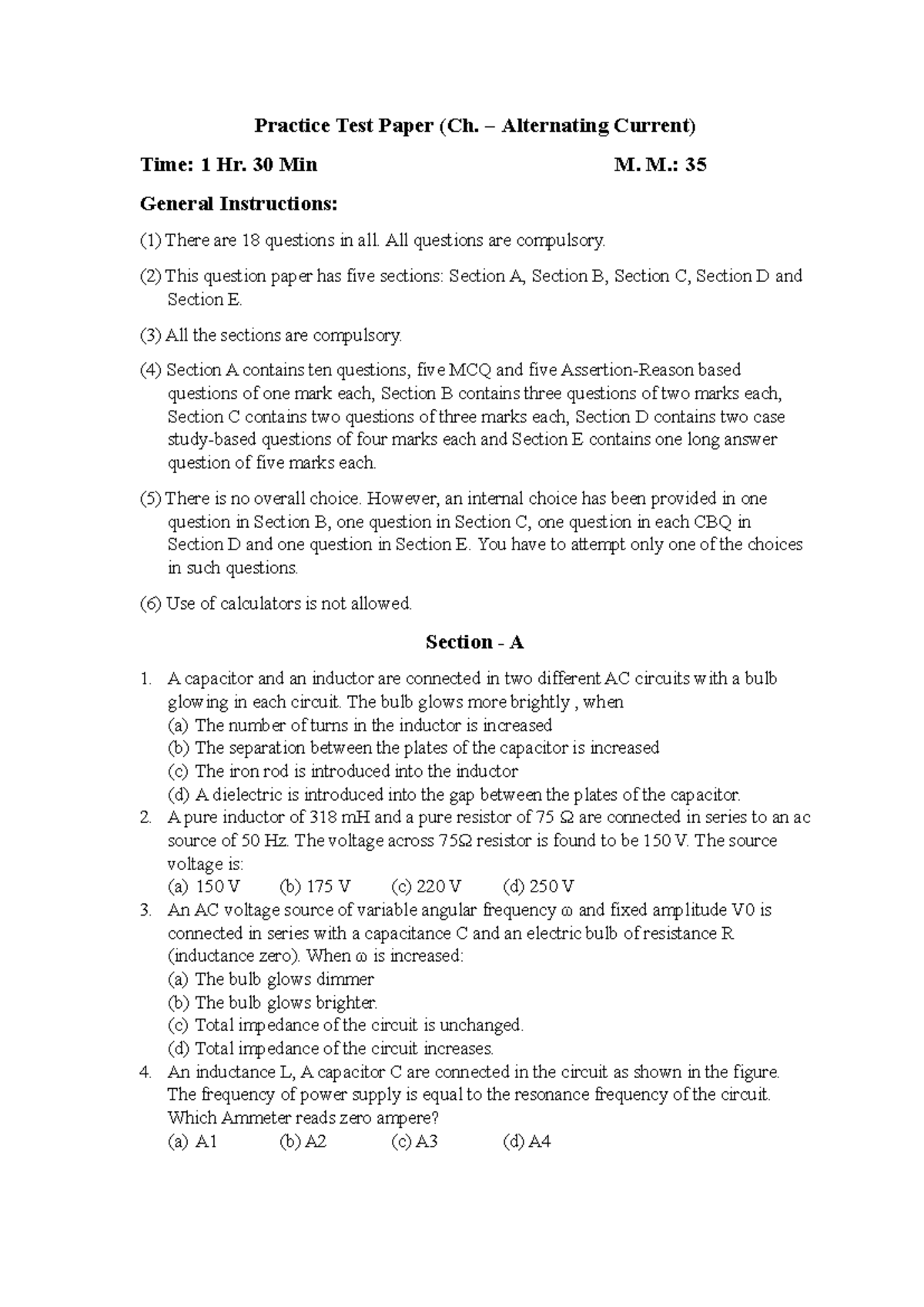 XII Test Series QP (Unit IV: Alternating Current) - Practice Paper ...