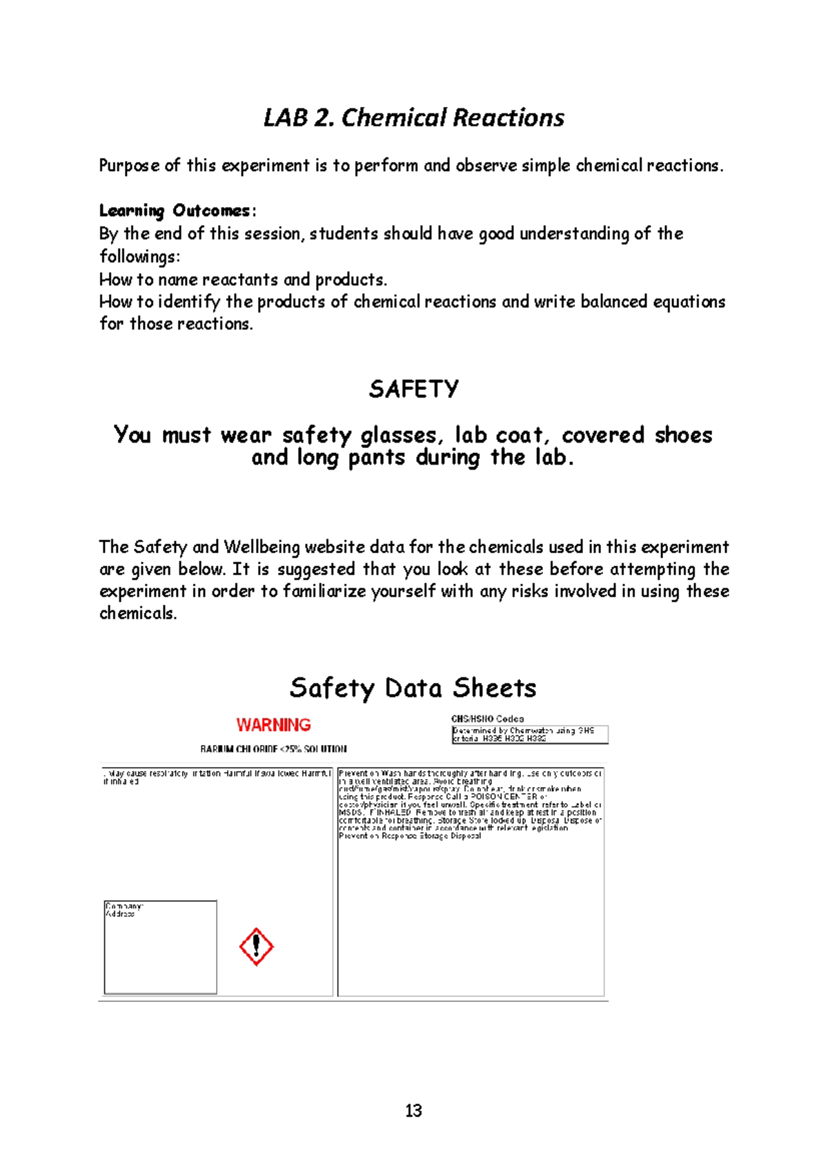Lab Manual 60101: Chemical Reactions - Experiment Overview and Safety ...