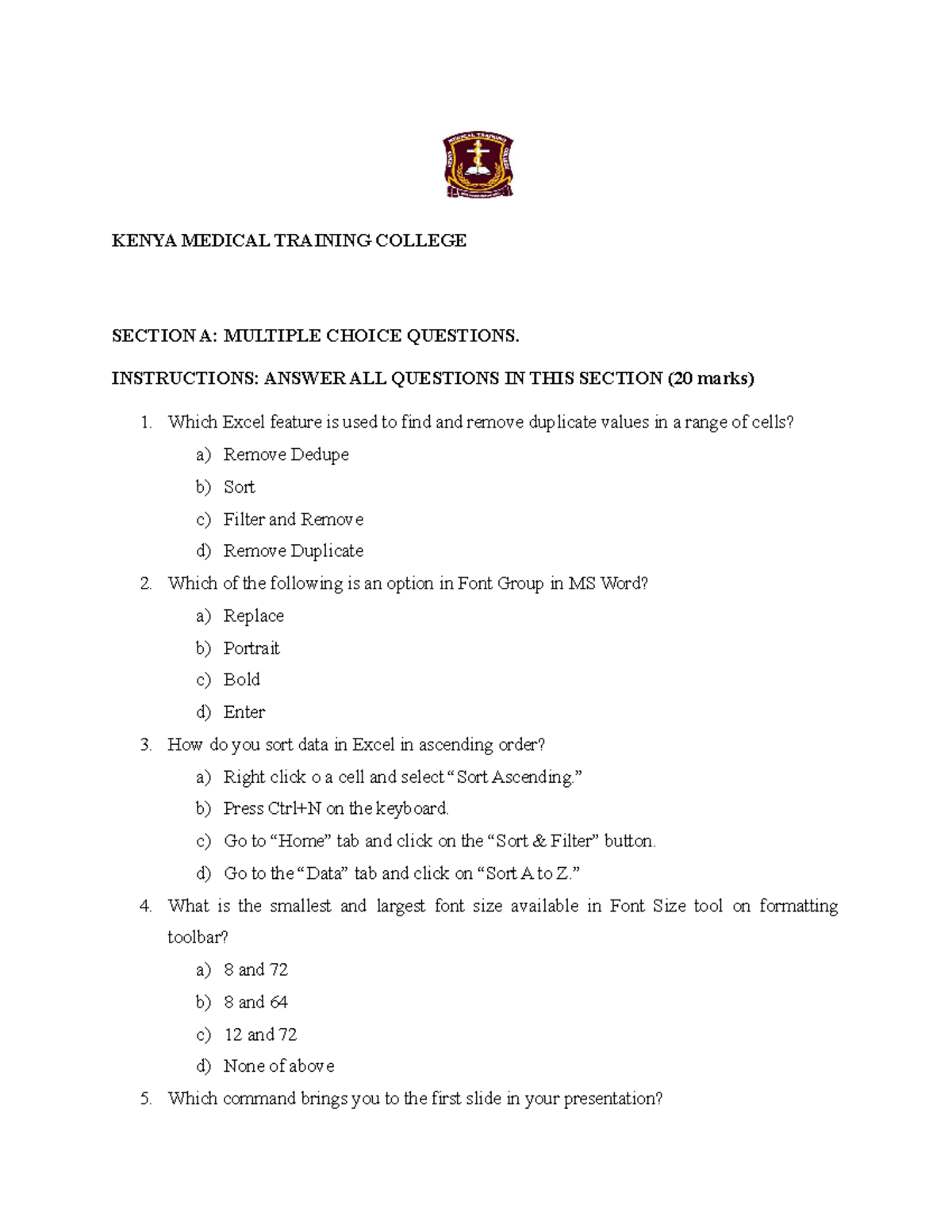 CAH 106 Theory Paper - PRACTICE QUESTIONS - KENYA MEDICAL TRAINING ...