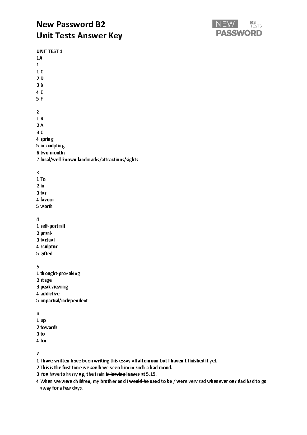 Comprehensive answer key for B2 unit tests.