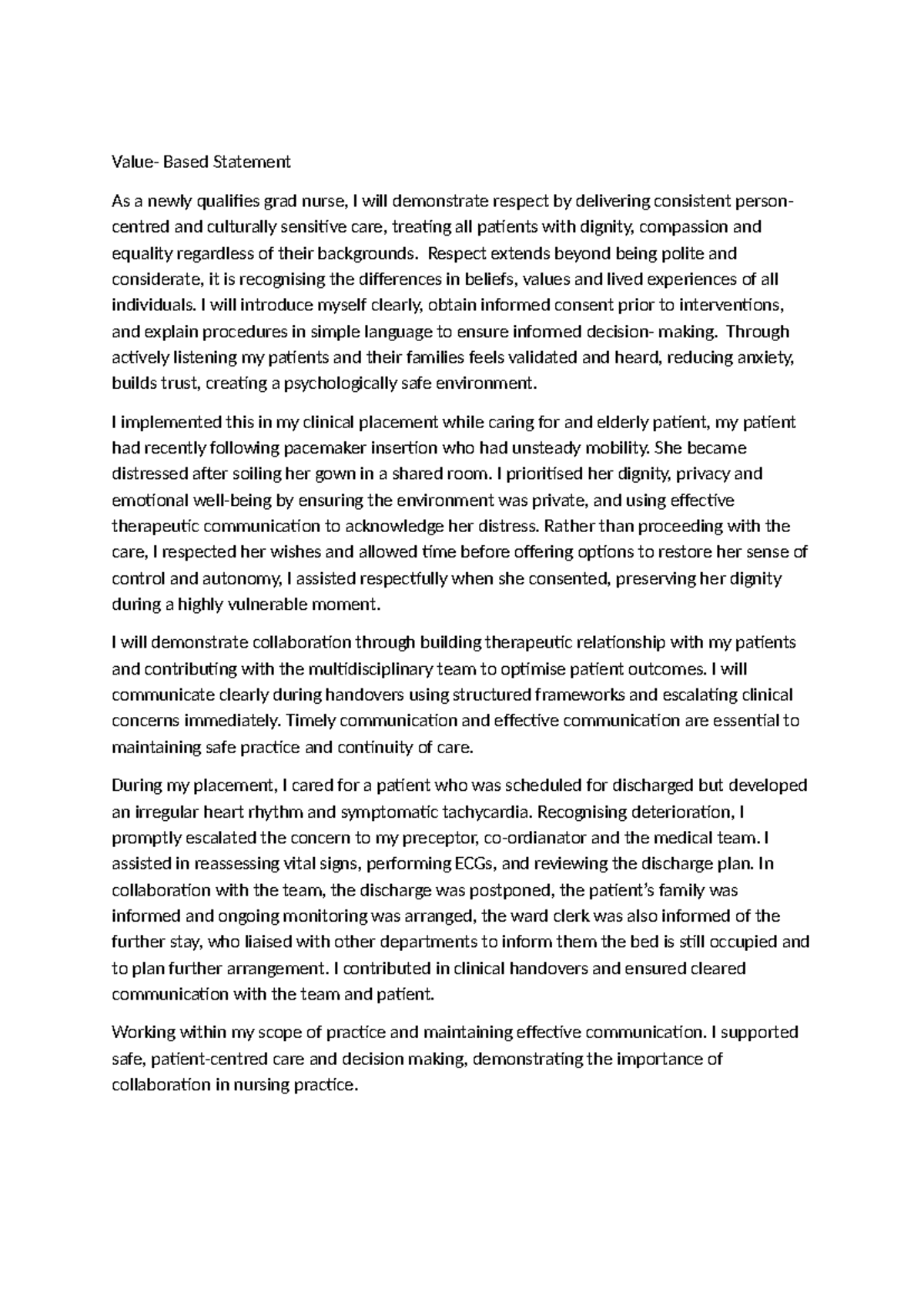 Value-Based Statement for Nursing Practice: Respect and Collaboration ...