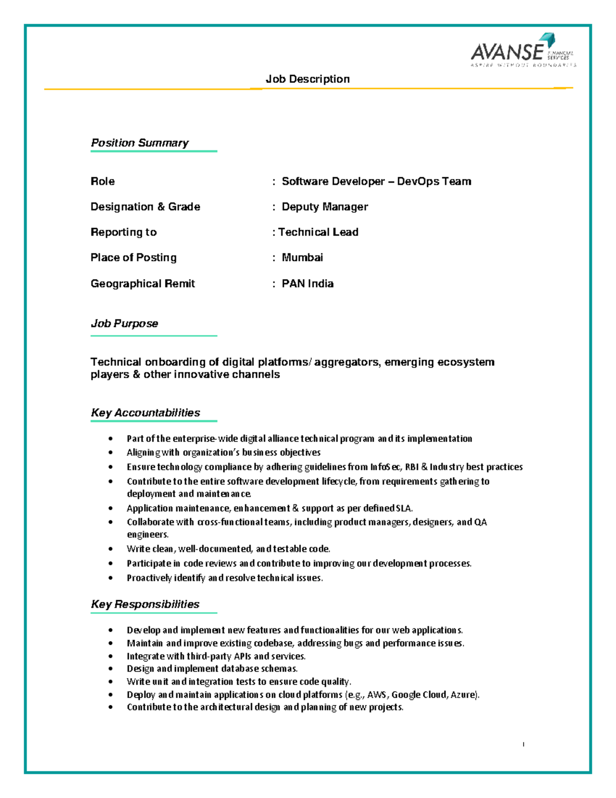 Avanse Software Developer job description and responsibilities - Studocu