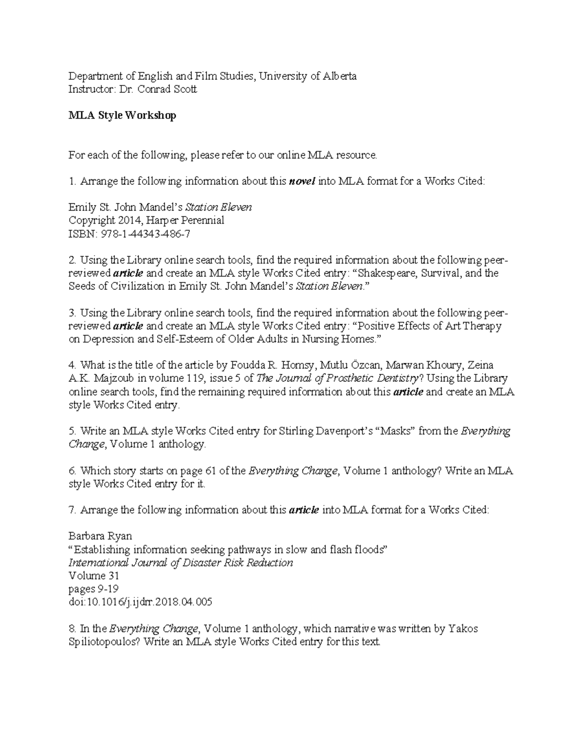 MLA Workshop - Citation Assignment for Department of English and Film ...