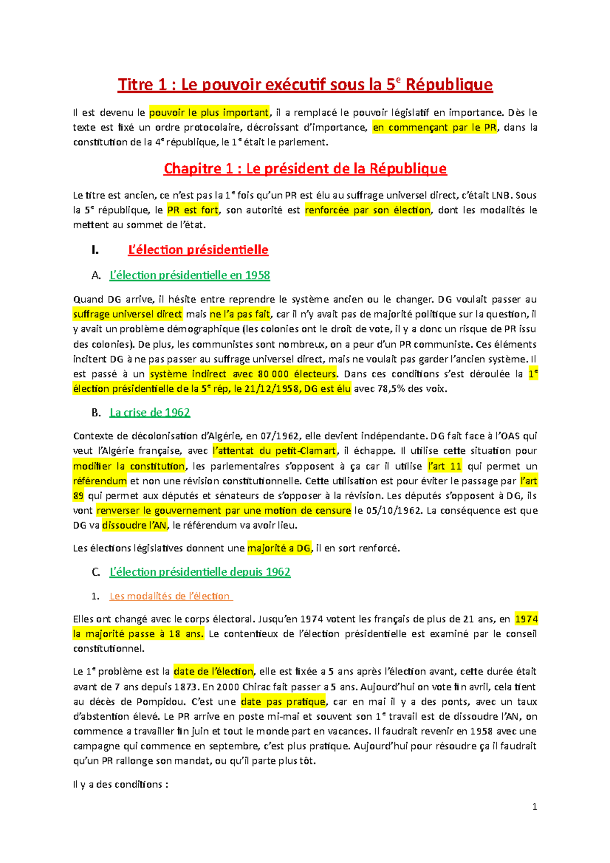 Chapitre 1 : Le Rôle du Président sous la 5e République - Studocu