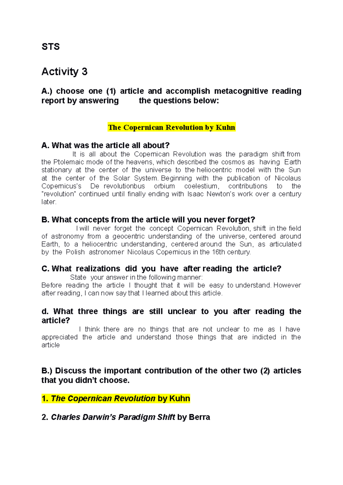 STS 101 - Activity 3: Metacognitive Reading on Historical Paradigms ...