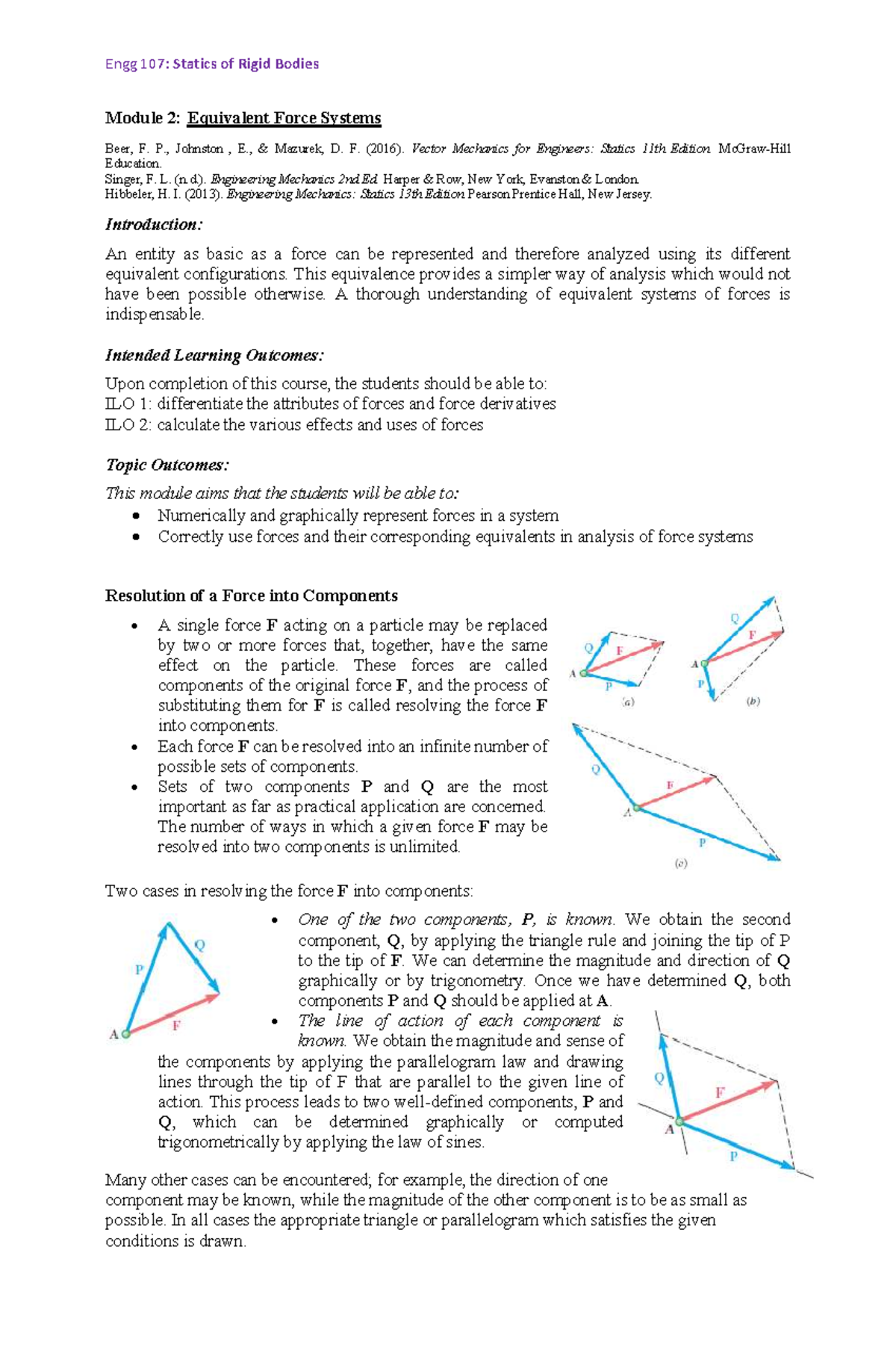 Engg 107: Statics of Rigid Bodies Module 2 - Equivalent Force Systems ...