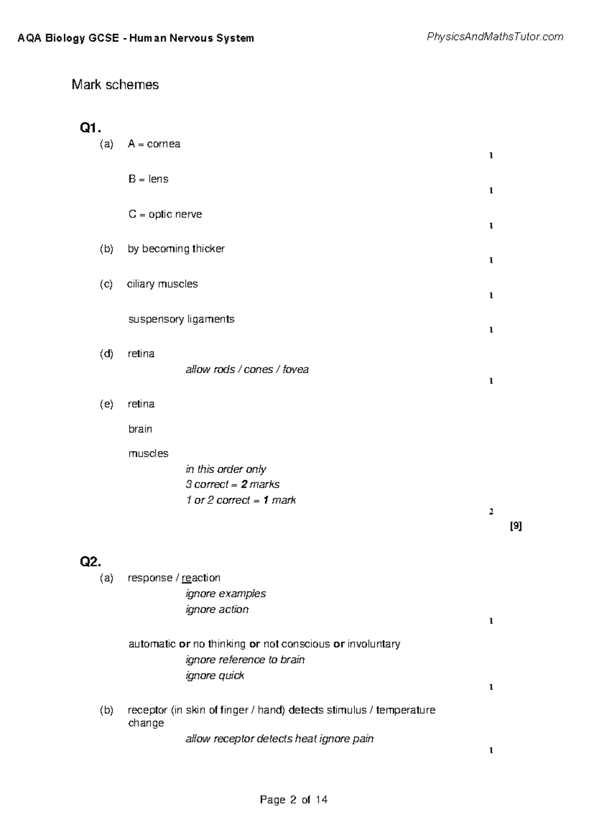AQA Biology GCSE 5.2 Human Nervous System Mark Schemes - Studocu