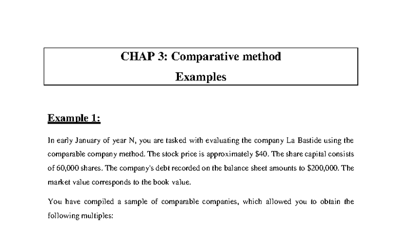 CHAP 3: Examples of the Comparative Method in Valuation - Studocu