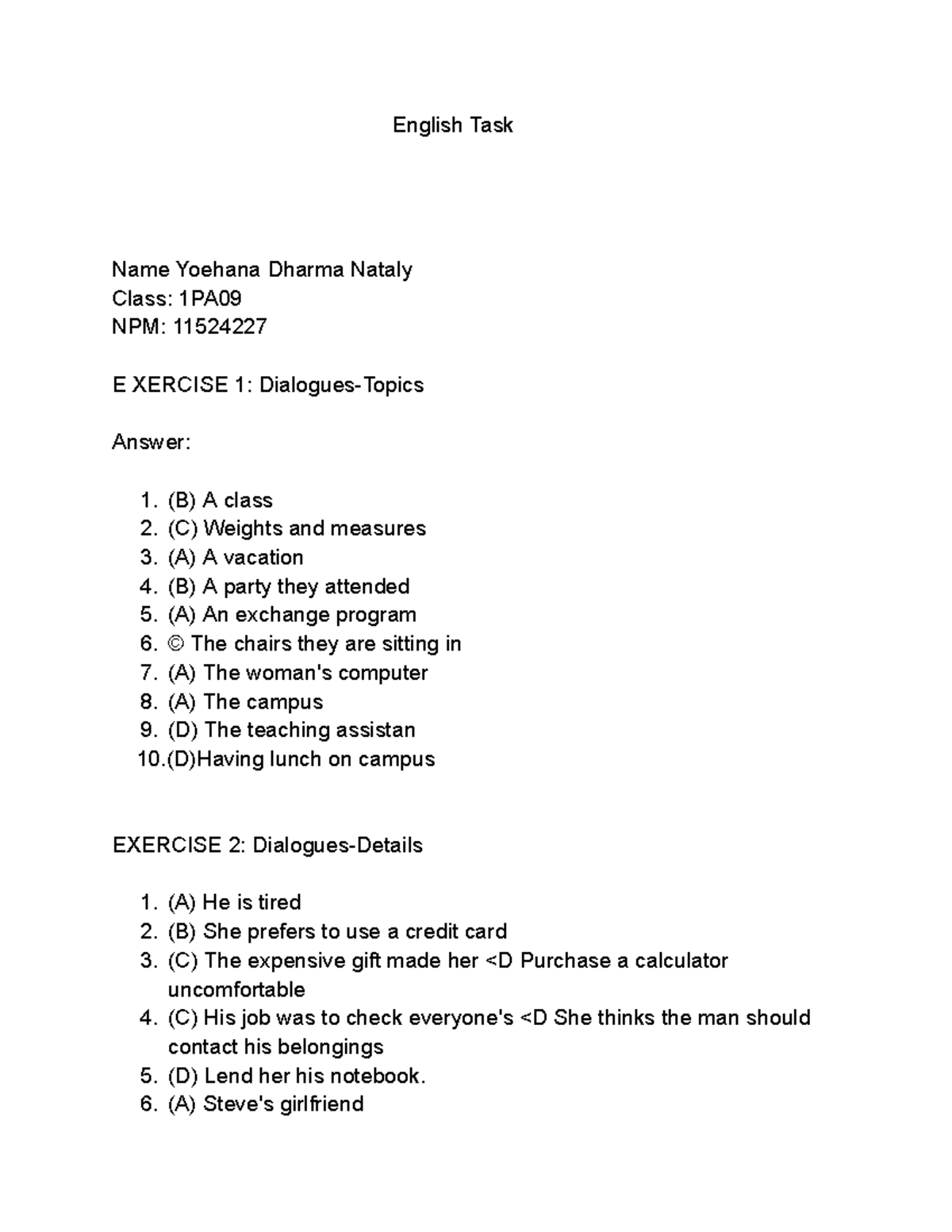 English Task 1PA - Dialogues Exercises and Answers - Studocu