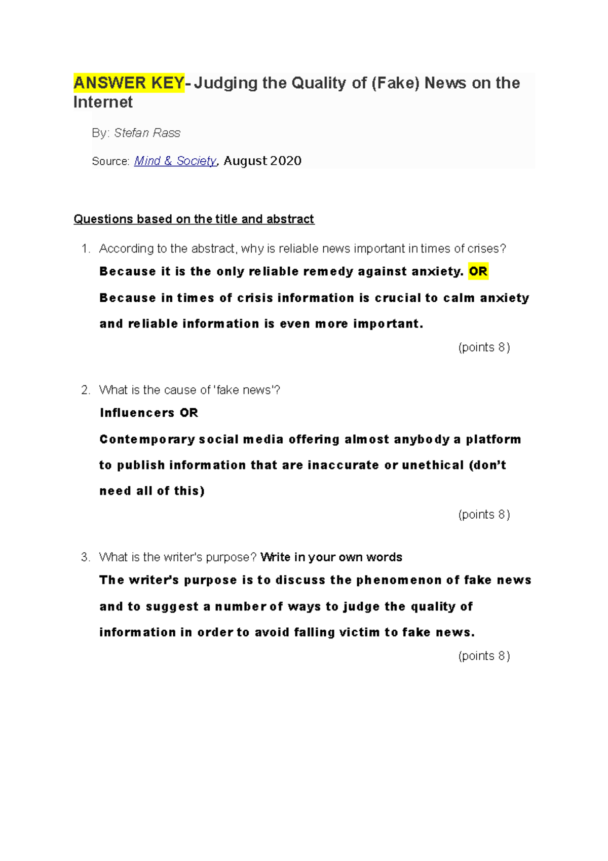 Final Exam Answer Key: Evaluating Quality of Fake News Online - Studocu