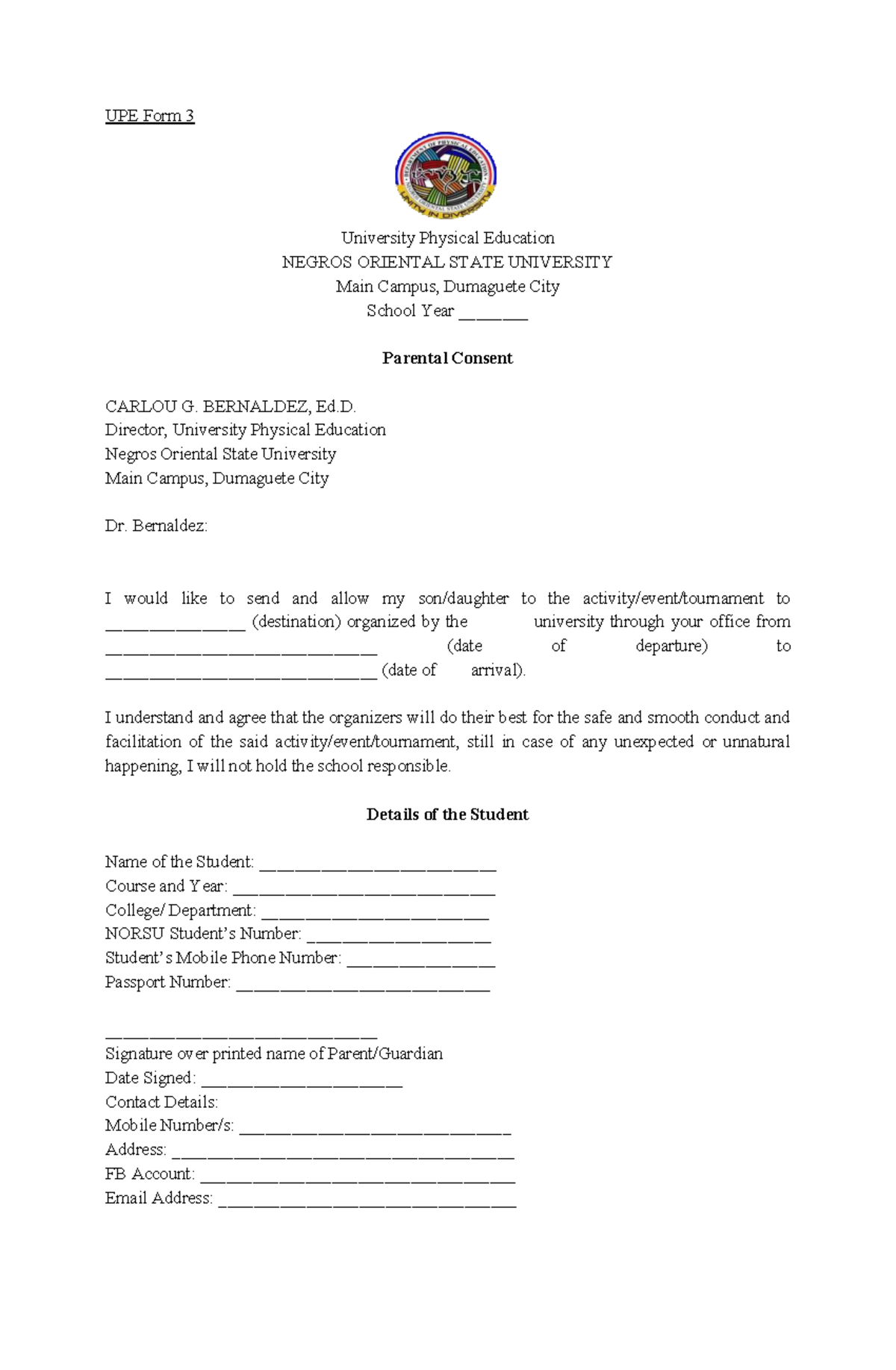 UPE Form 3 Parental Consent for University Activities - NORSU - Studocu