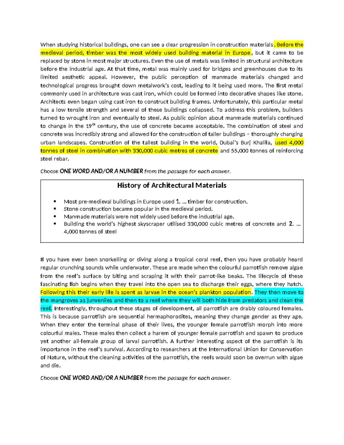 History of Architectural Materials & Parrotfish Lifecycle - Ncplt Ex1 ...