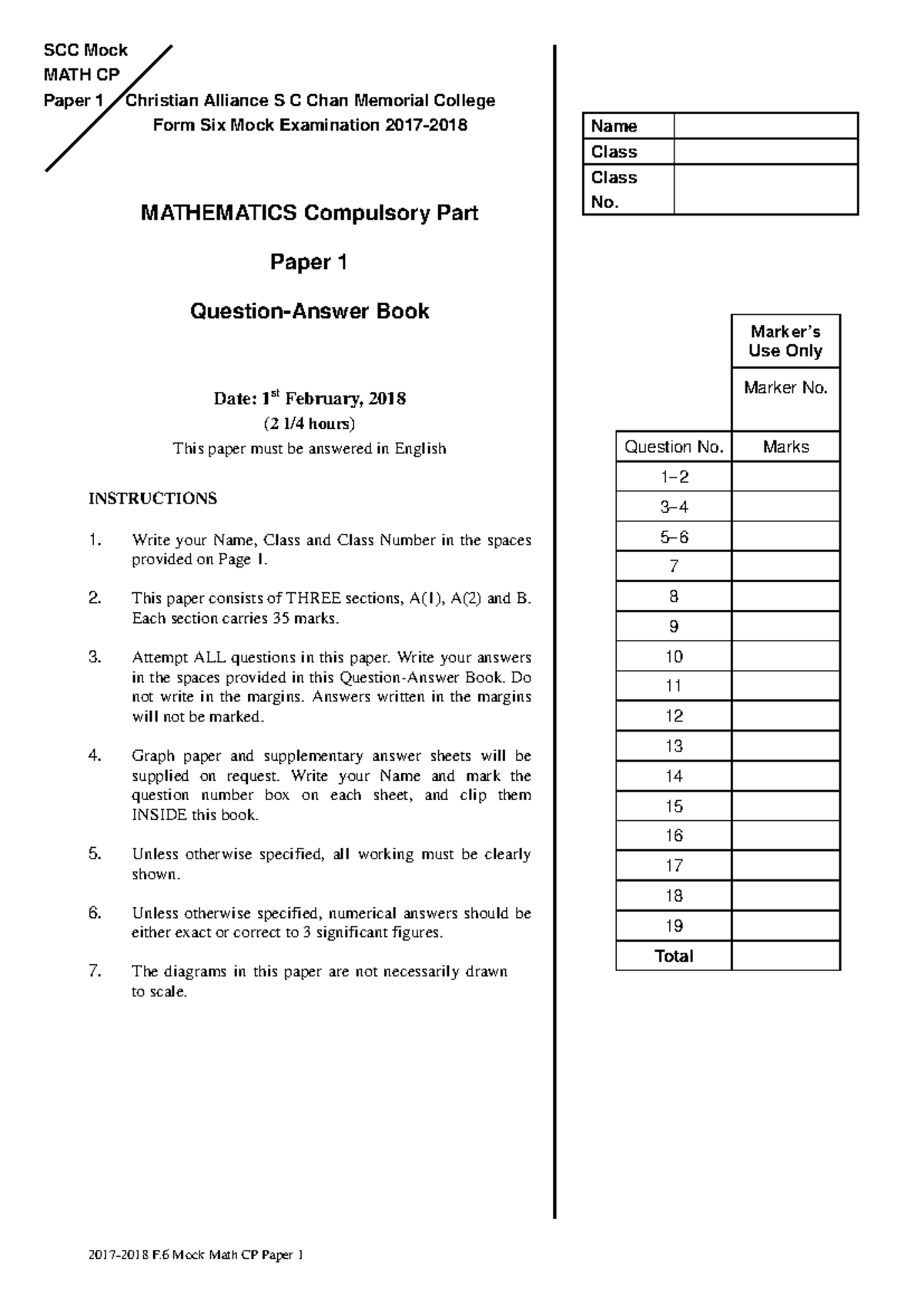 2017-2018 F6 Mock Math Exam Paper 1 - Questions & Instructions - Studocu