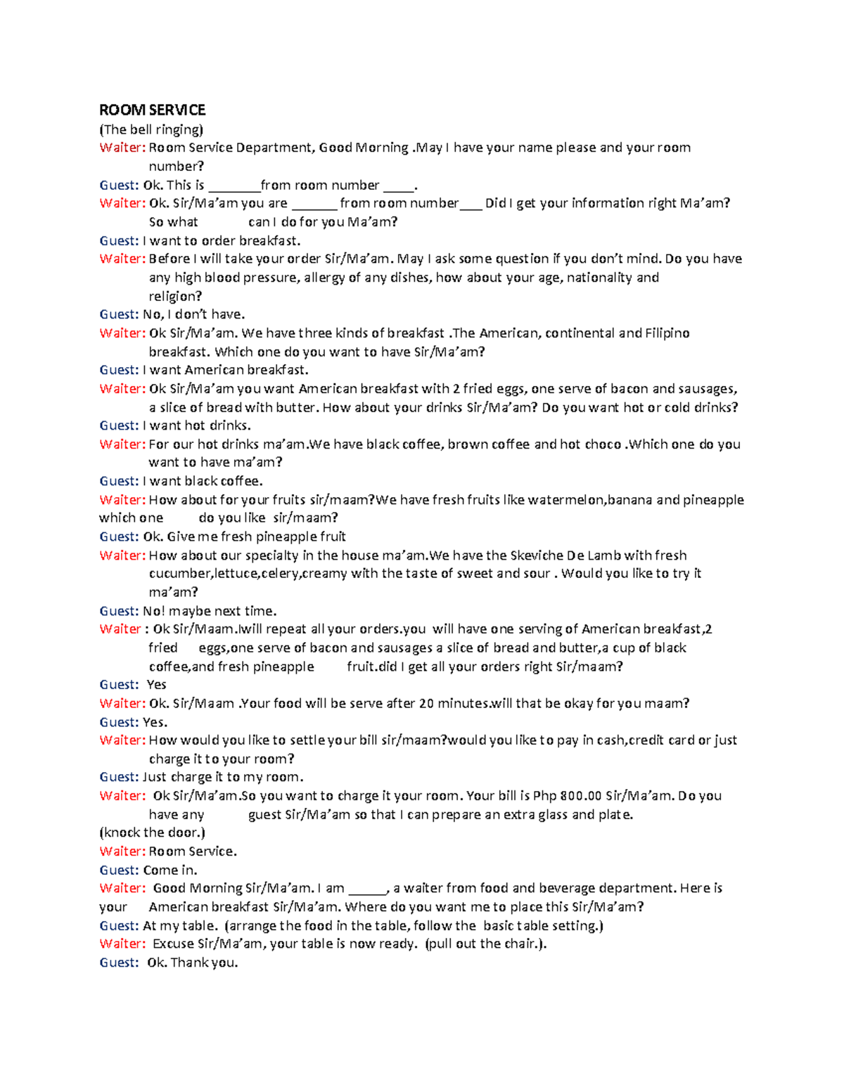 Room Service Role Play Script for Hospitality Training - Studocu
