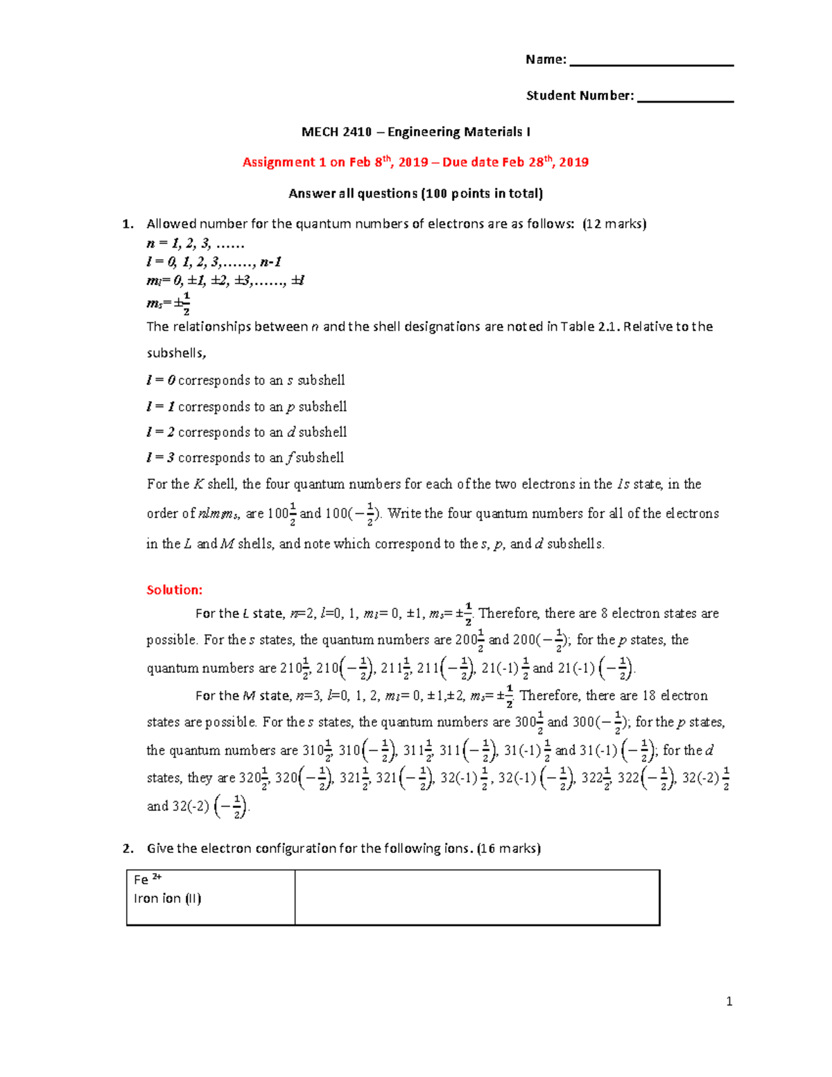 MECH 2410 Assignment 1 Solutions: Engineering Materials I - Studocu