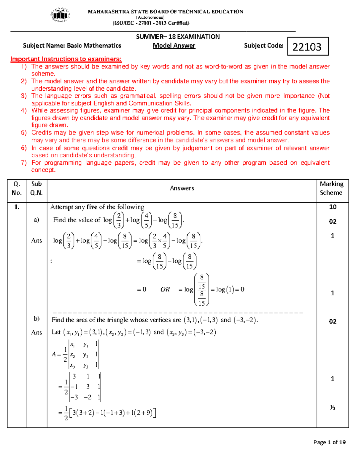Model Answer Paper for Basic Mathematics (22103) - Summer 2018 Exam ...